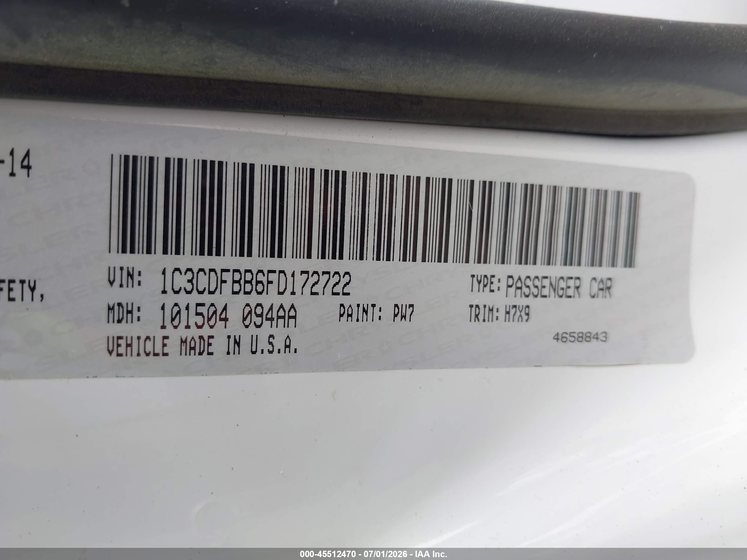 2015 Dodge Dart Sxt White vin: 1C3CDFBB6FD172722
