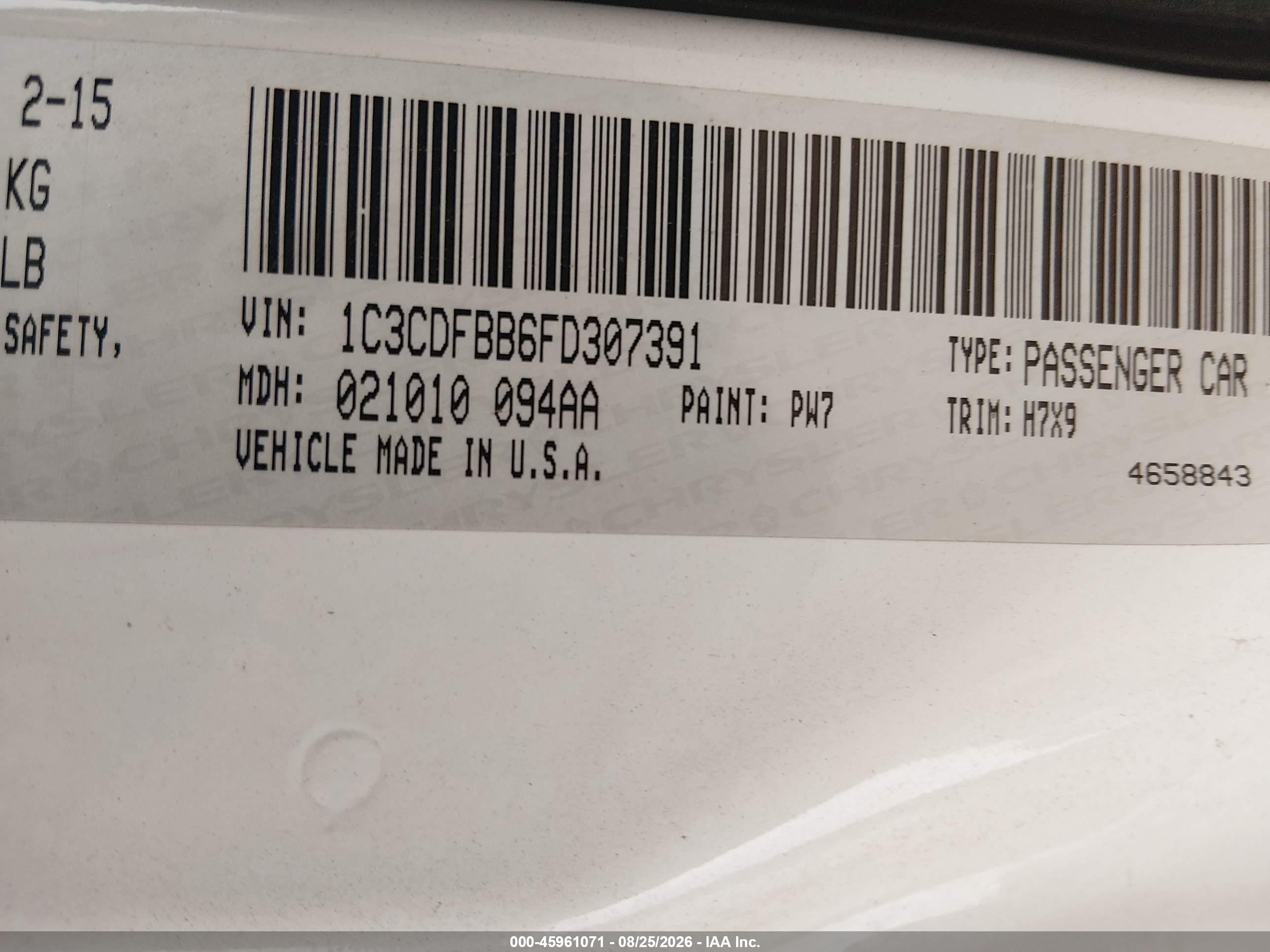 2015 Dodge Dart Sxt White vin: 1C3CDFBB6FD307391