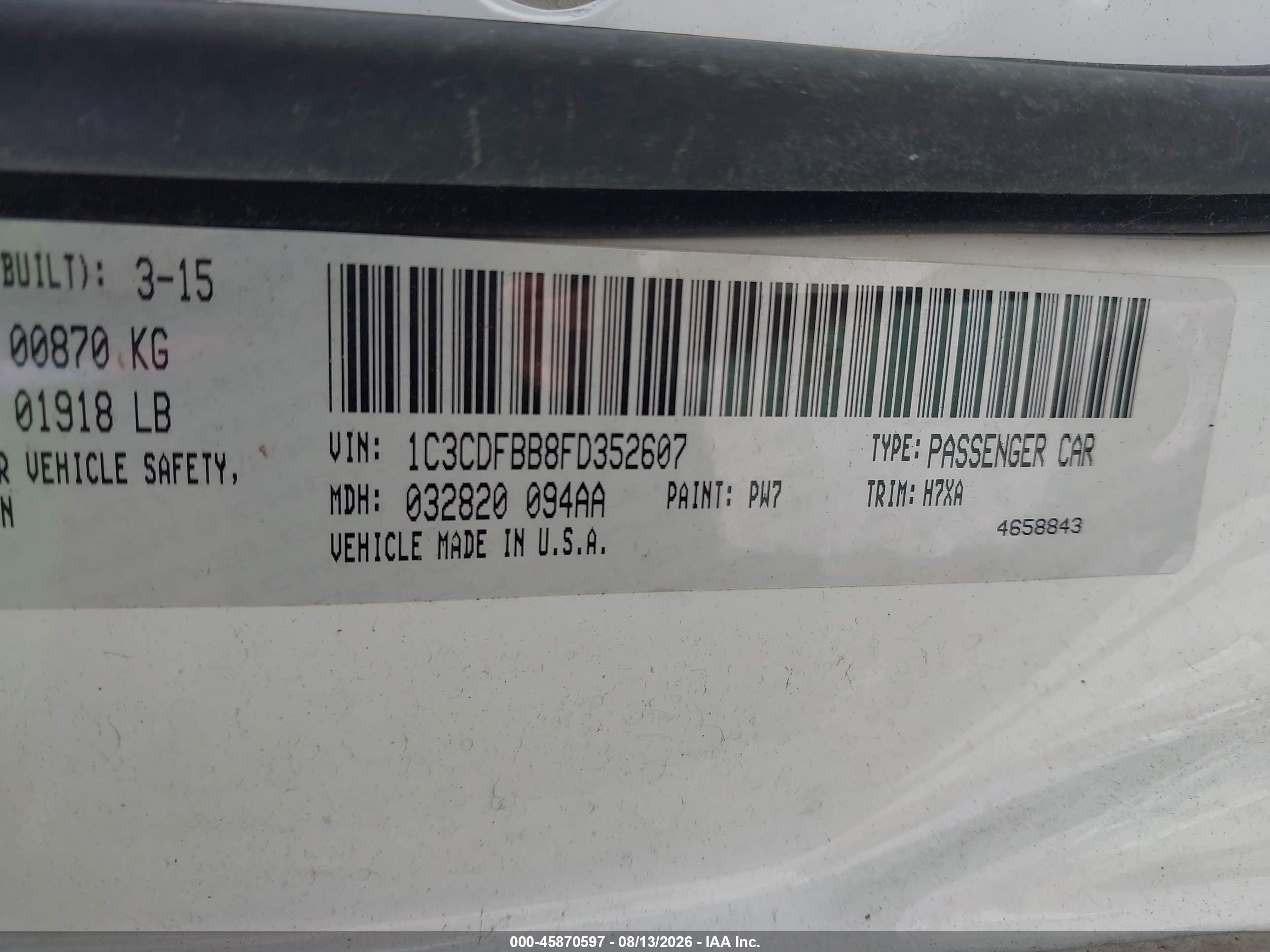 2015 Dodge Dart Sxt White vin: 1C3CDFBB8FD352607