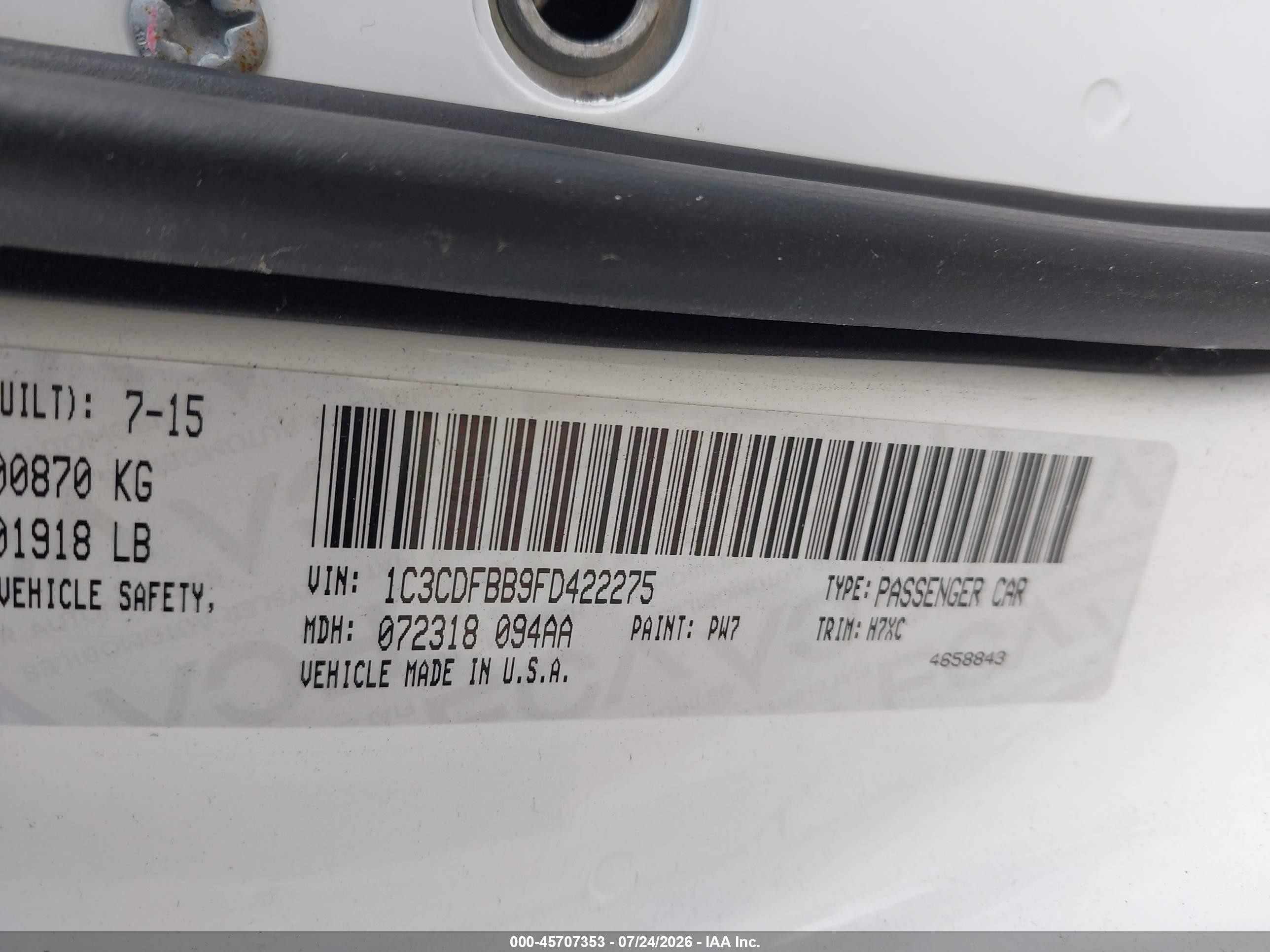 2015 Dodge Dart Sxt White vin: 1C3CDFBB9FD422275