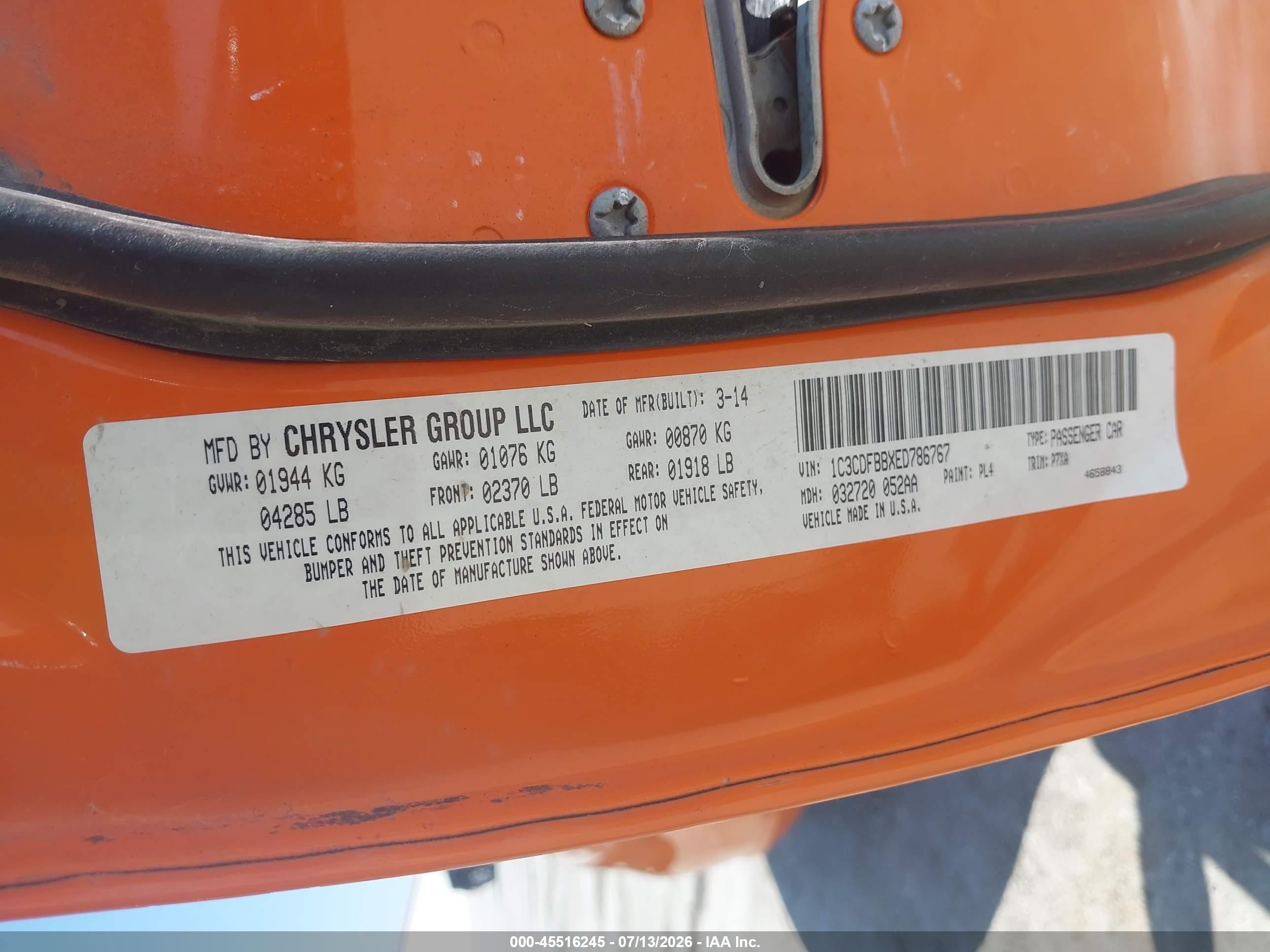 2014 Dodge Dart Sxt Orange vin: 1C3CDFBBXED786767