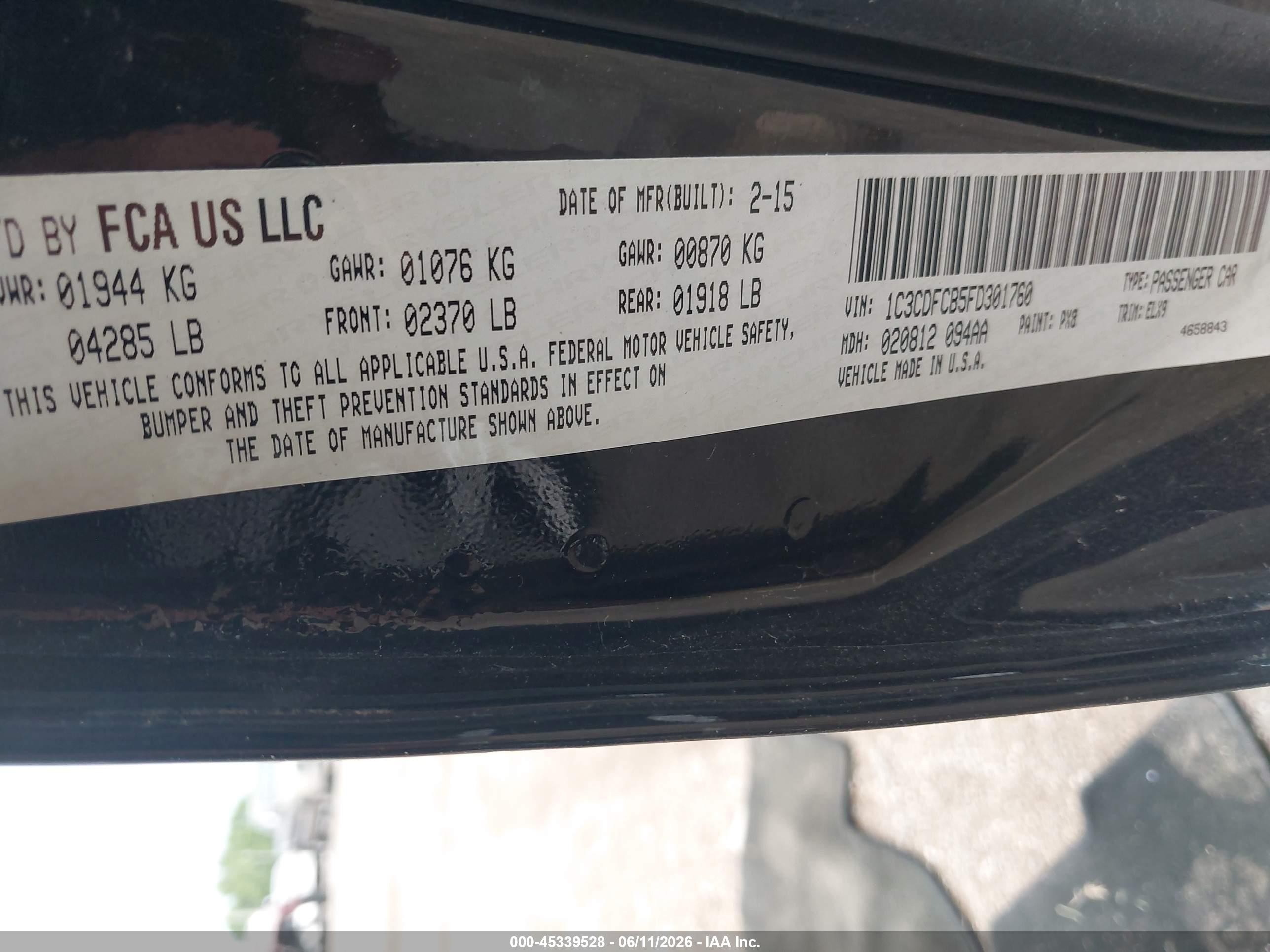 2015 Dodge Dart Limited Black vin: 1C3CDFCB5FD301760