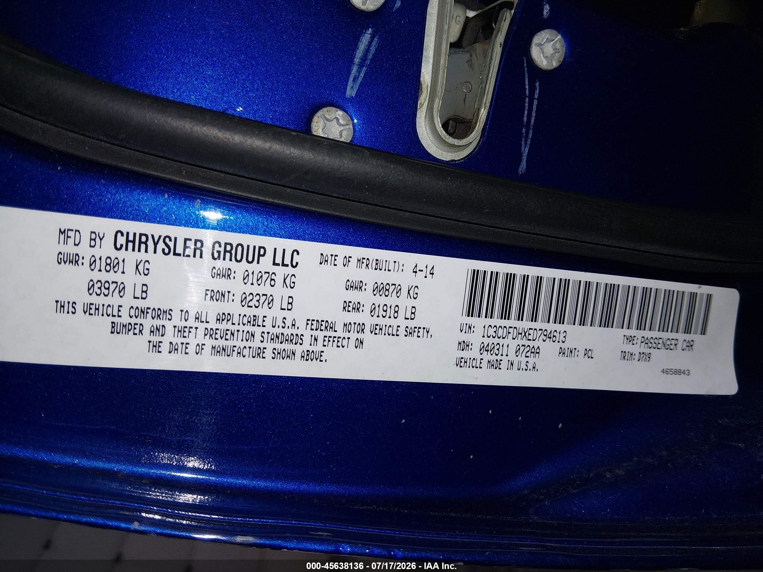 2014 Dodge Dart Aero Blue vin: 1C3CDFDHXED794613