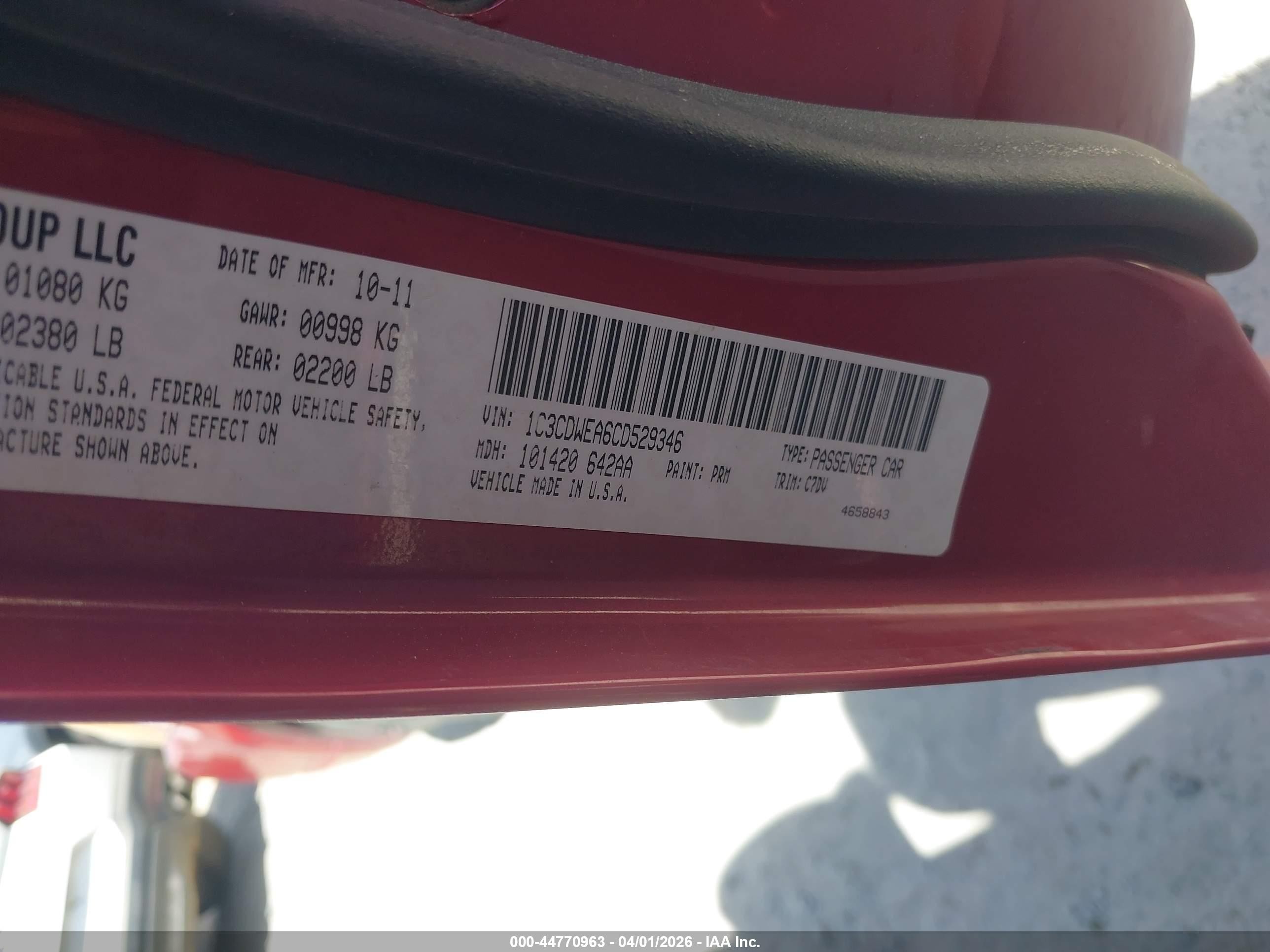 2012 Dodge Caliber Sxt Plus Red vin: 1C3CDWEA6CD529346