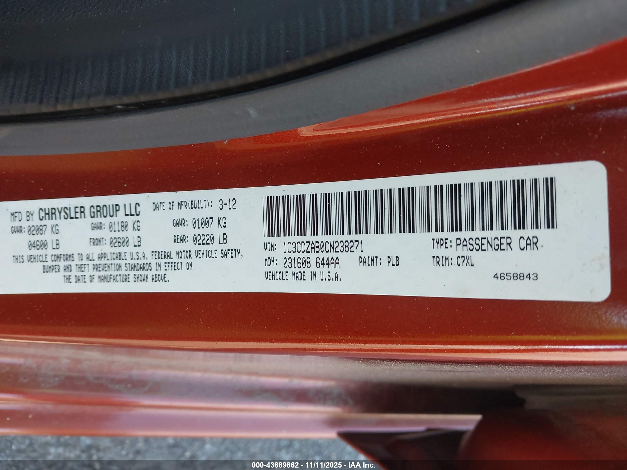 2012 Dodge Avenger Se Оранжевый vin: 1C3CDZAB0CN238271