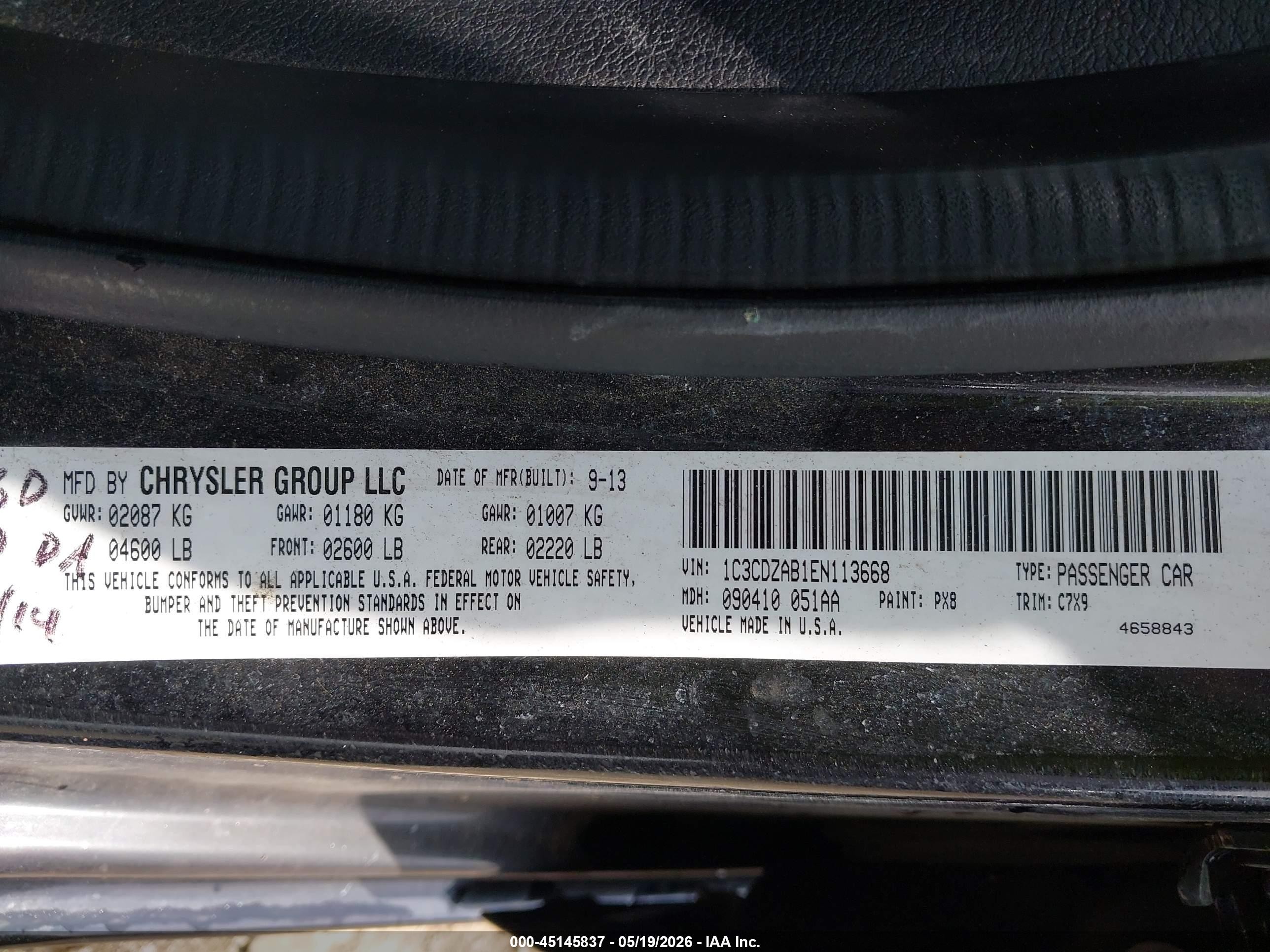 2014 Dodge Avenger Se Black vin: 1C3CDZAB1EN113668