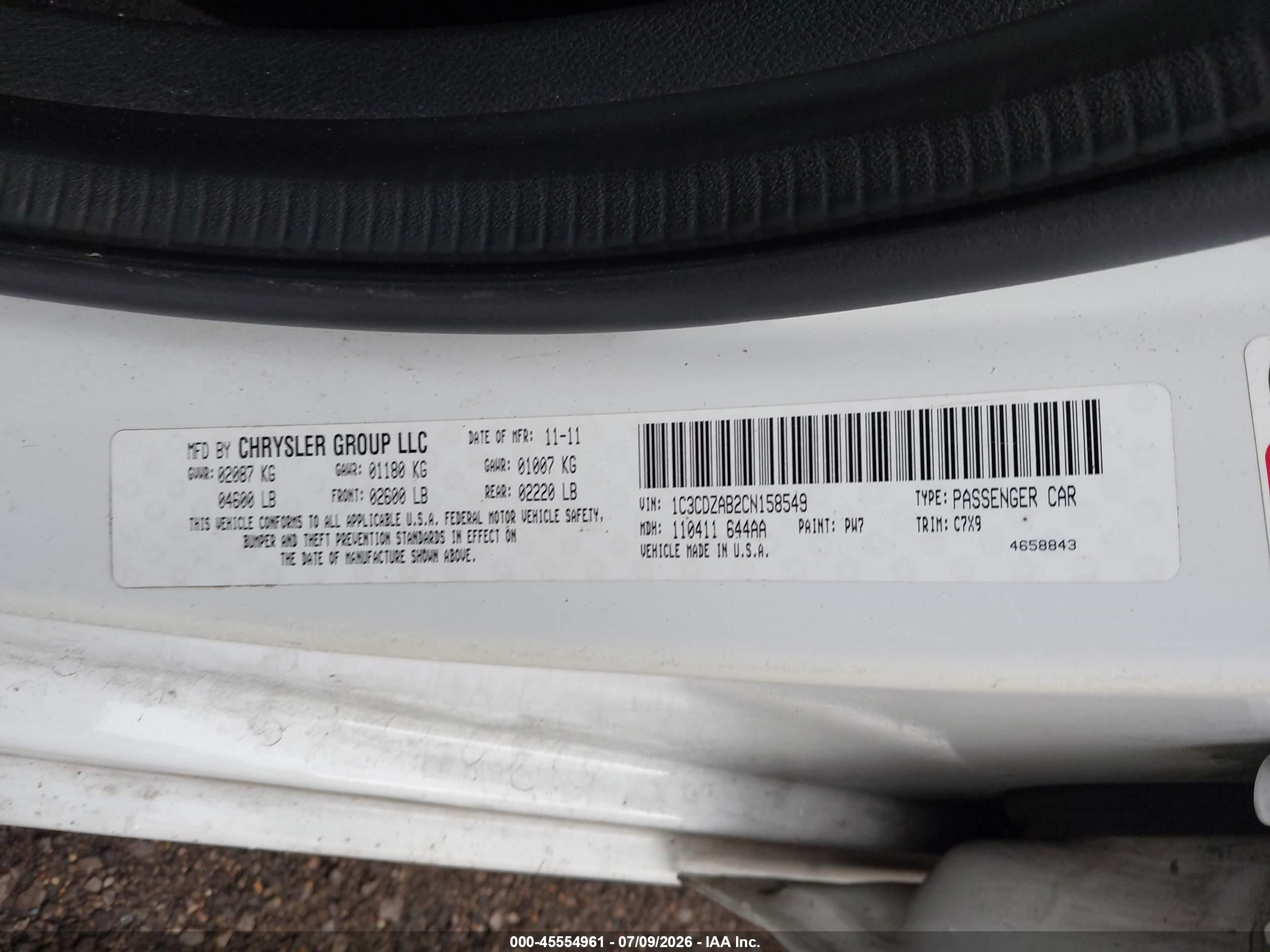 2012 Dodge Avenger Se White vin: 1C3CDZAB2CN158549