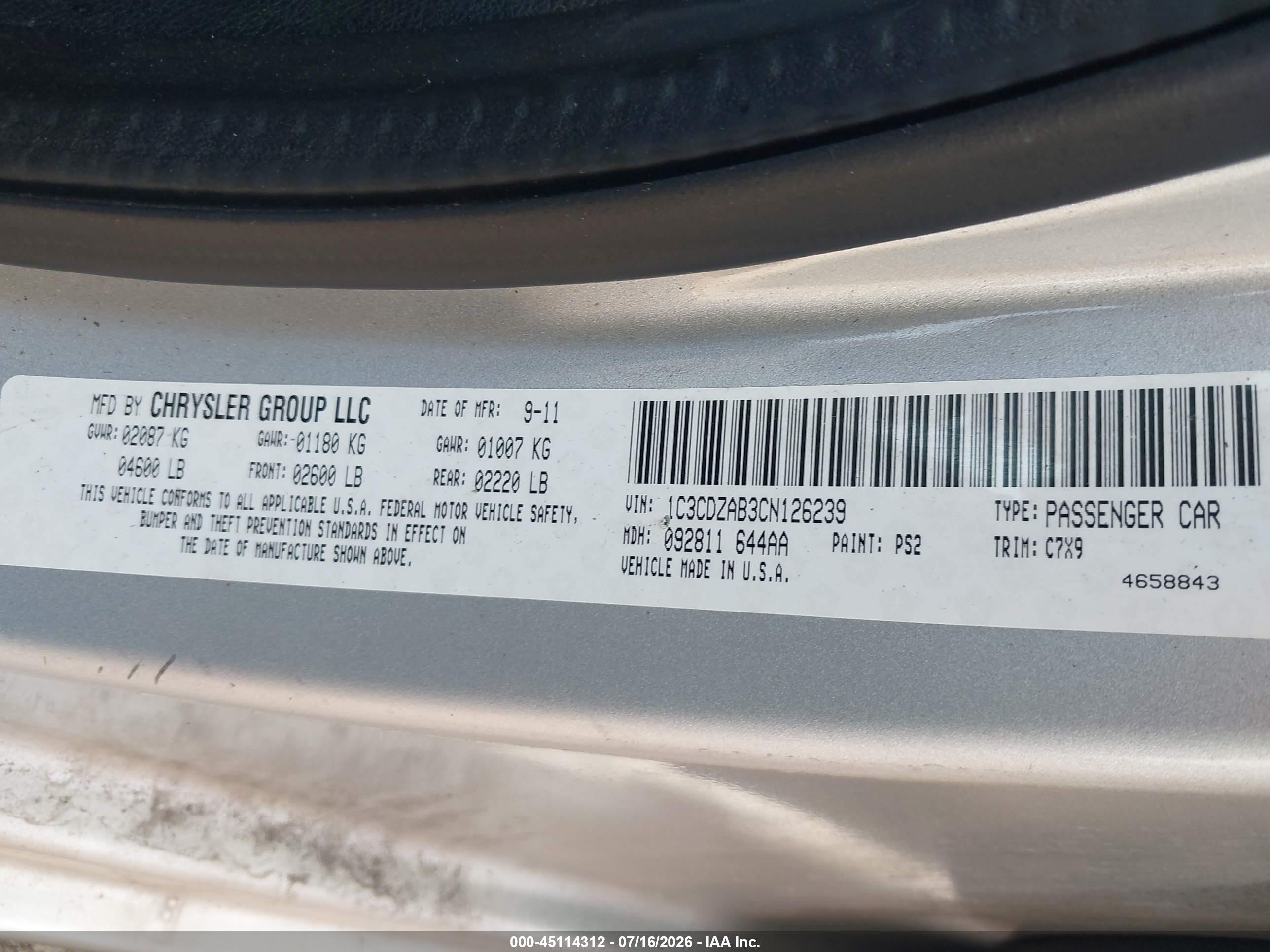 2012 Dodge Avenger Se Silver vin: 1C3CDZAB3CN126239