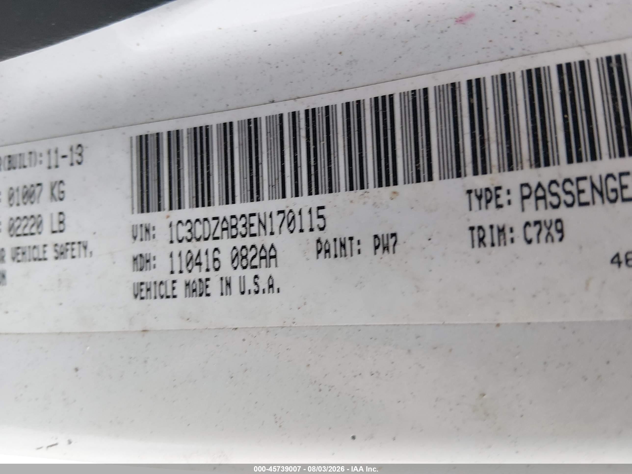 2014 Dodge Avenger Se White vin: 1C3CDZAB3EN170115