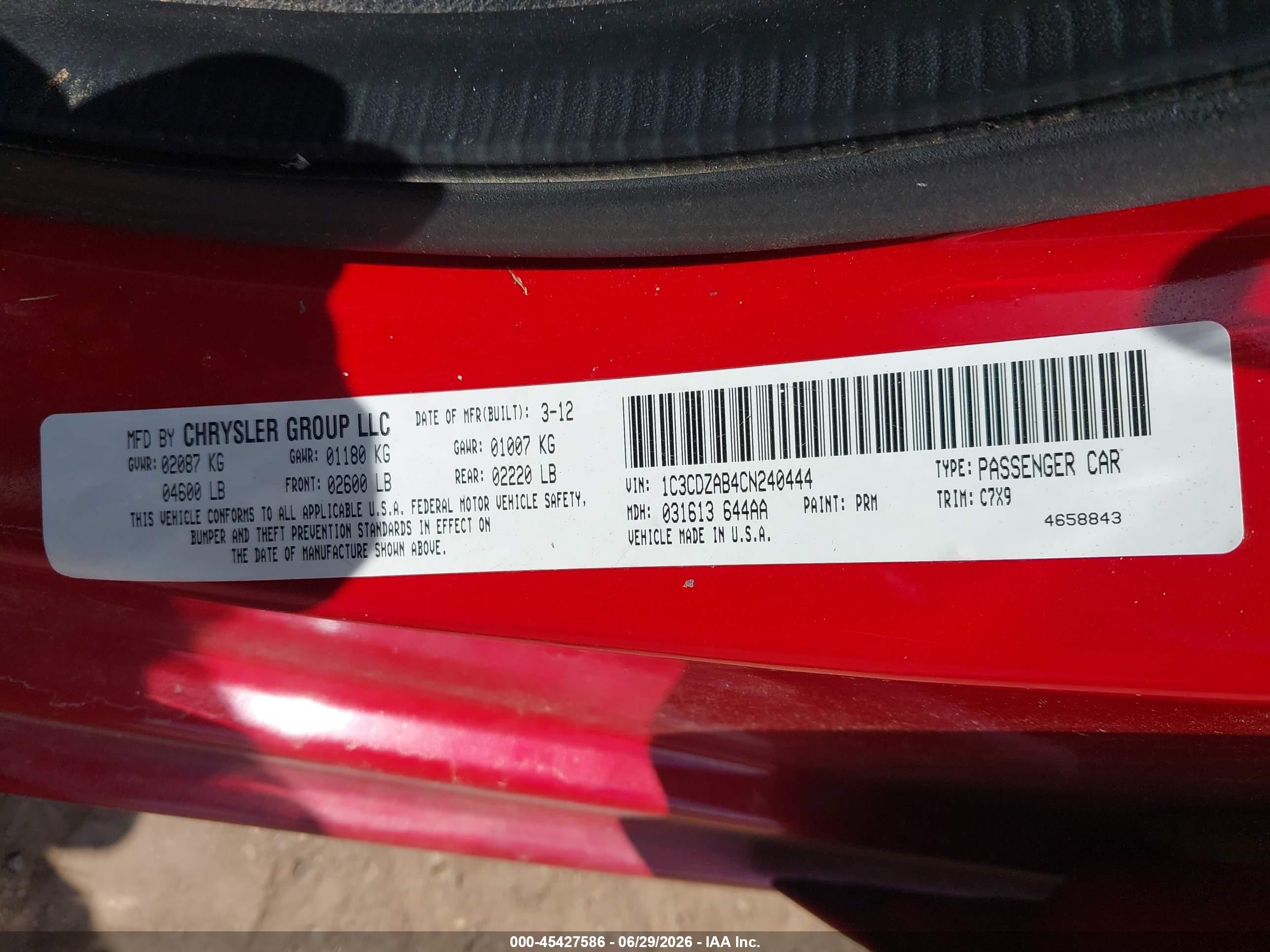 2012 Dodge Avenger Se Red vin: 1C3CDZAB4CN240444