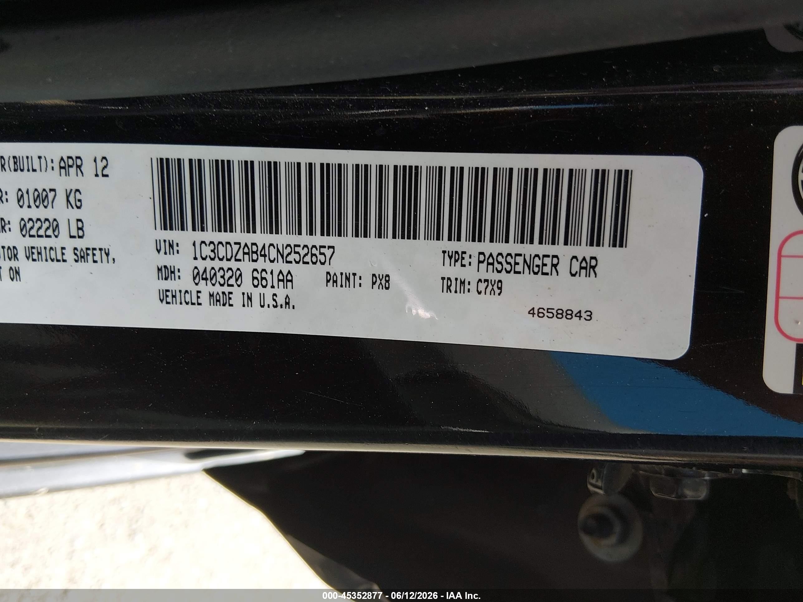 2012 Dodge Avenger Se Black vin: 1C3CDZAB4CN252657