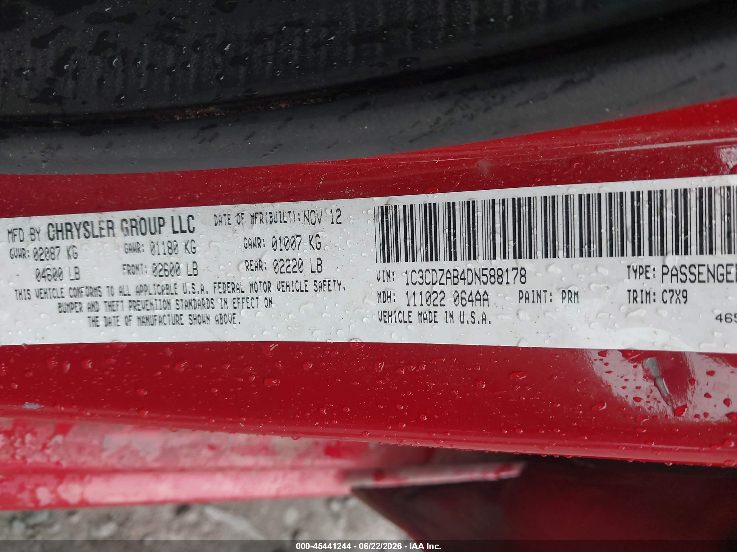 2013 Dodge Avenger Se Red vin: 1C3CDZAB4DN588178