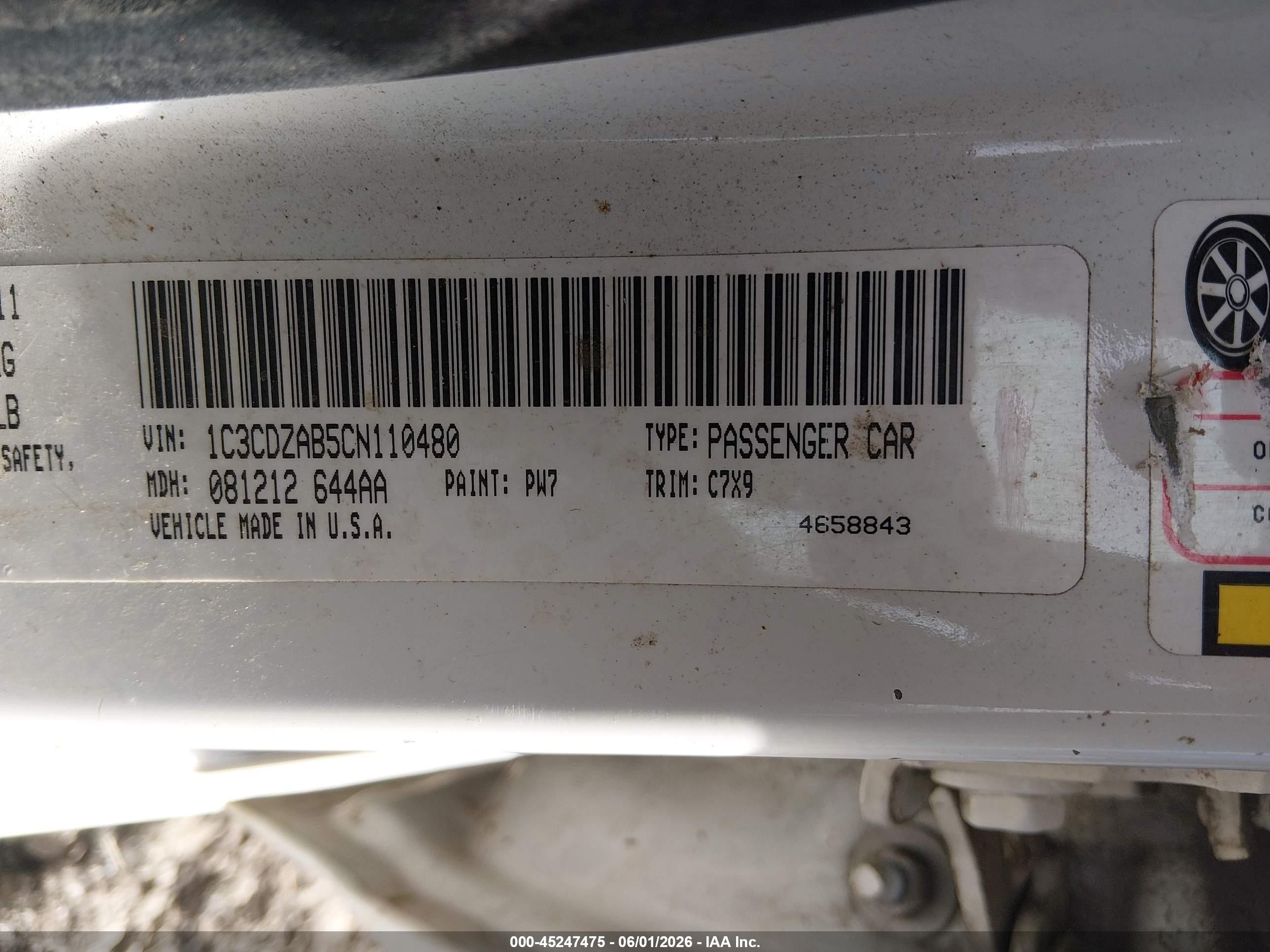 2012 Dodge Avenger Se White vin: 1C3CDZAB5CN110480