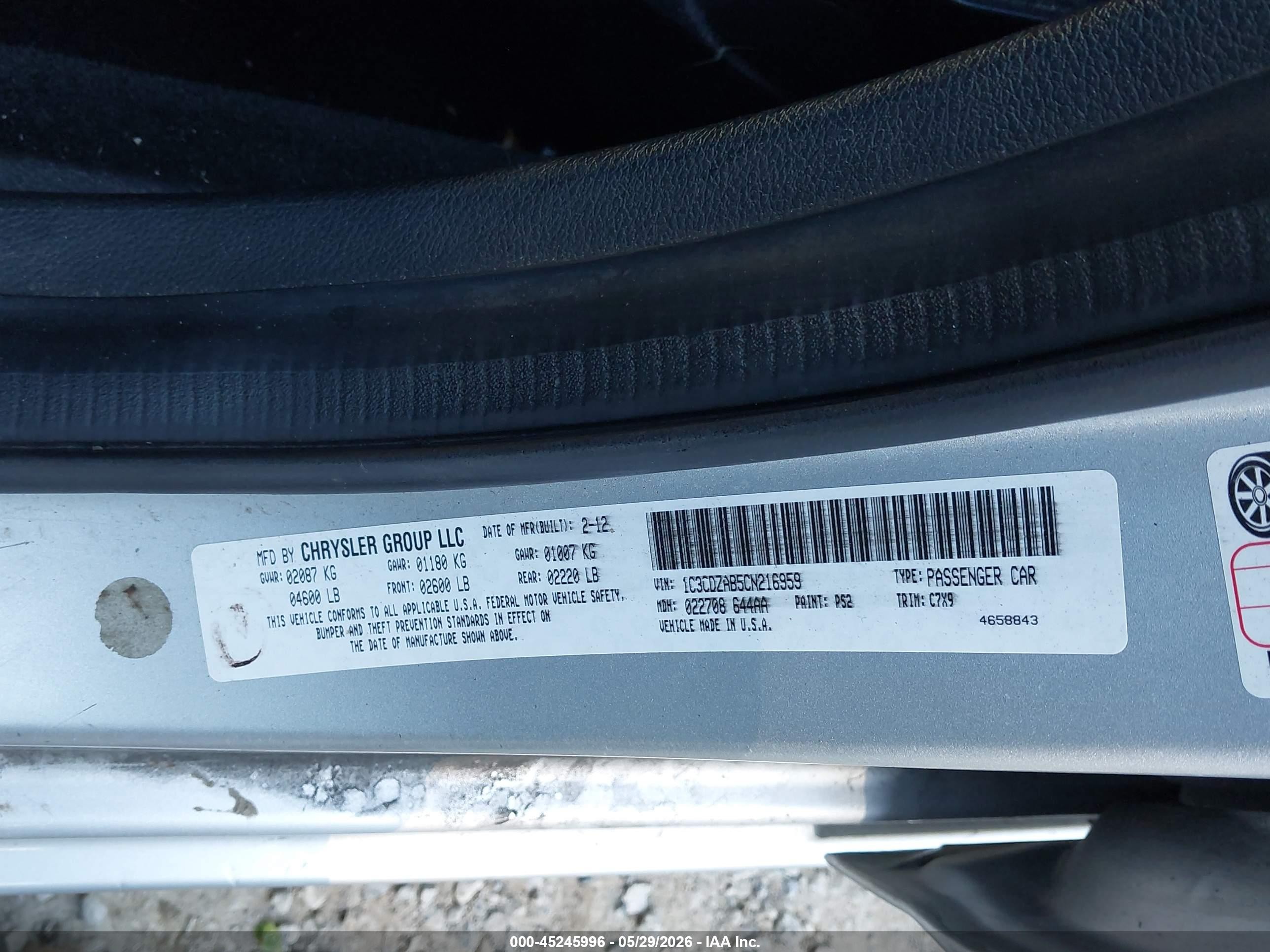 2012 Dodge Avenger Se Silver vin: 1C3CDZAB5CN216959