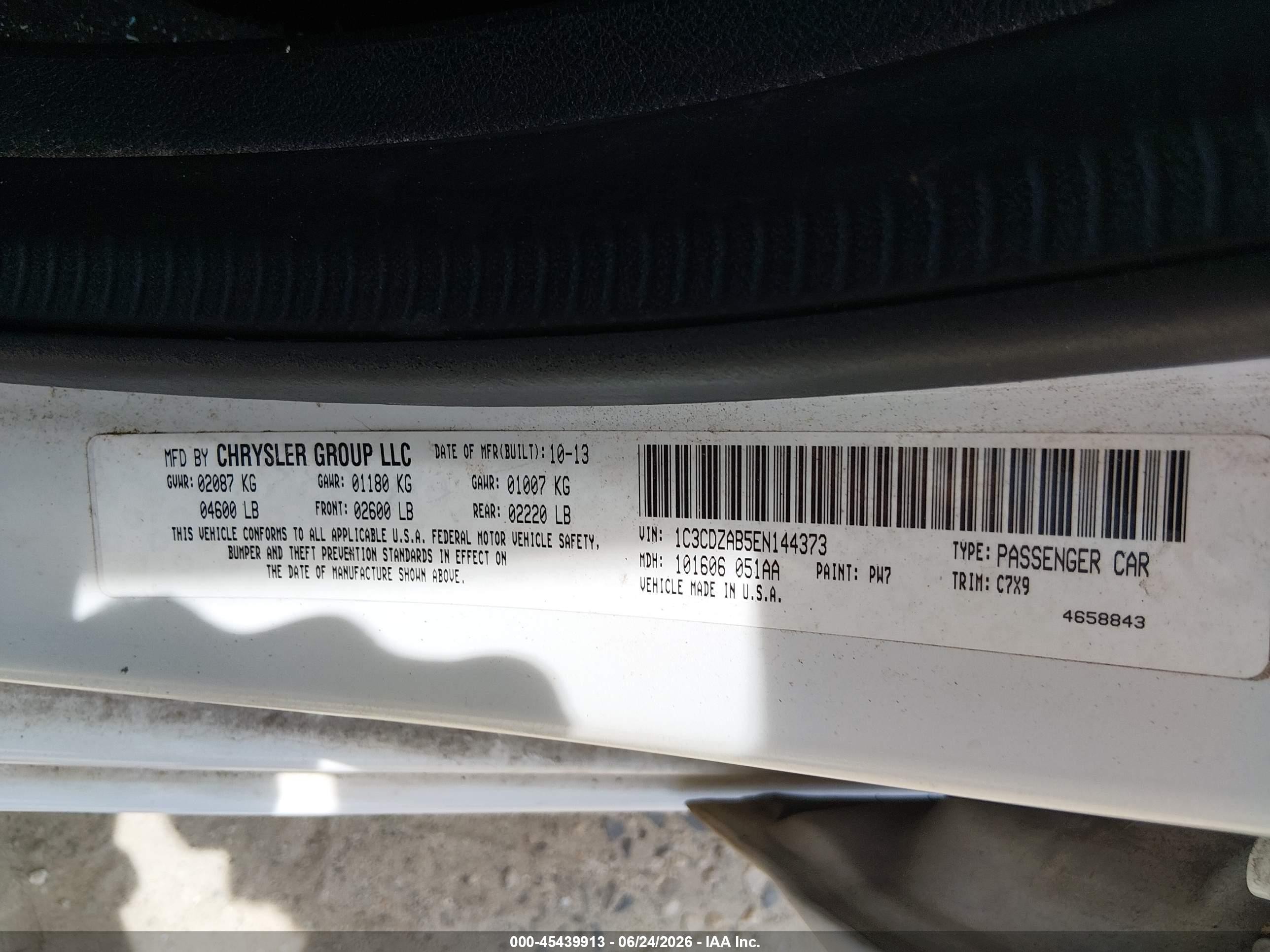 2014 Dodge Avenger Se White vin: 1C3CDZAB5EN144373
