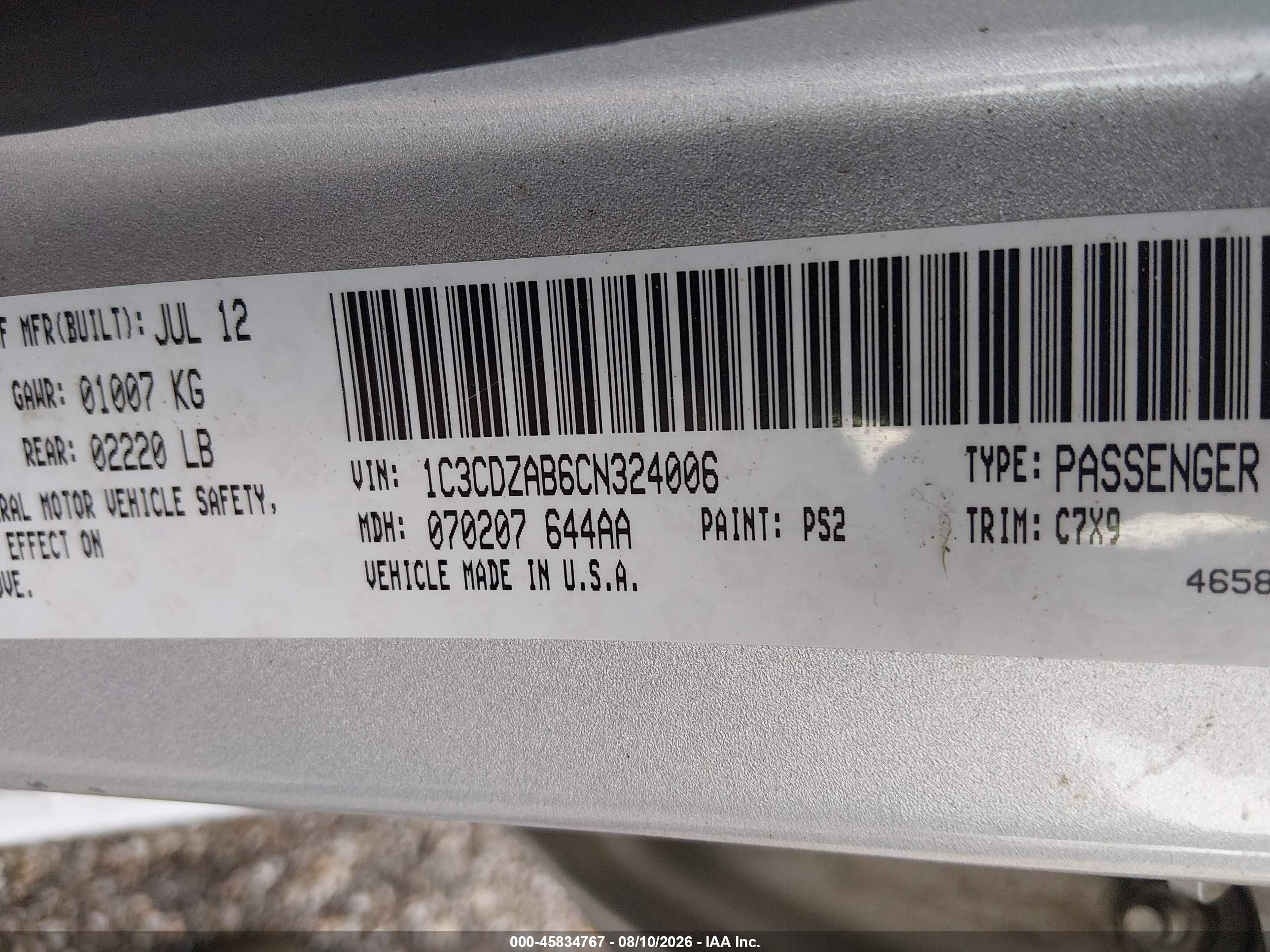 2012 Dodge Avenger Se Silver vin: 1C3CDZAB6CN324006