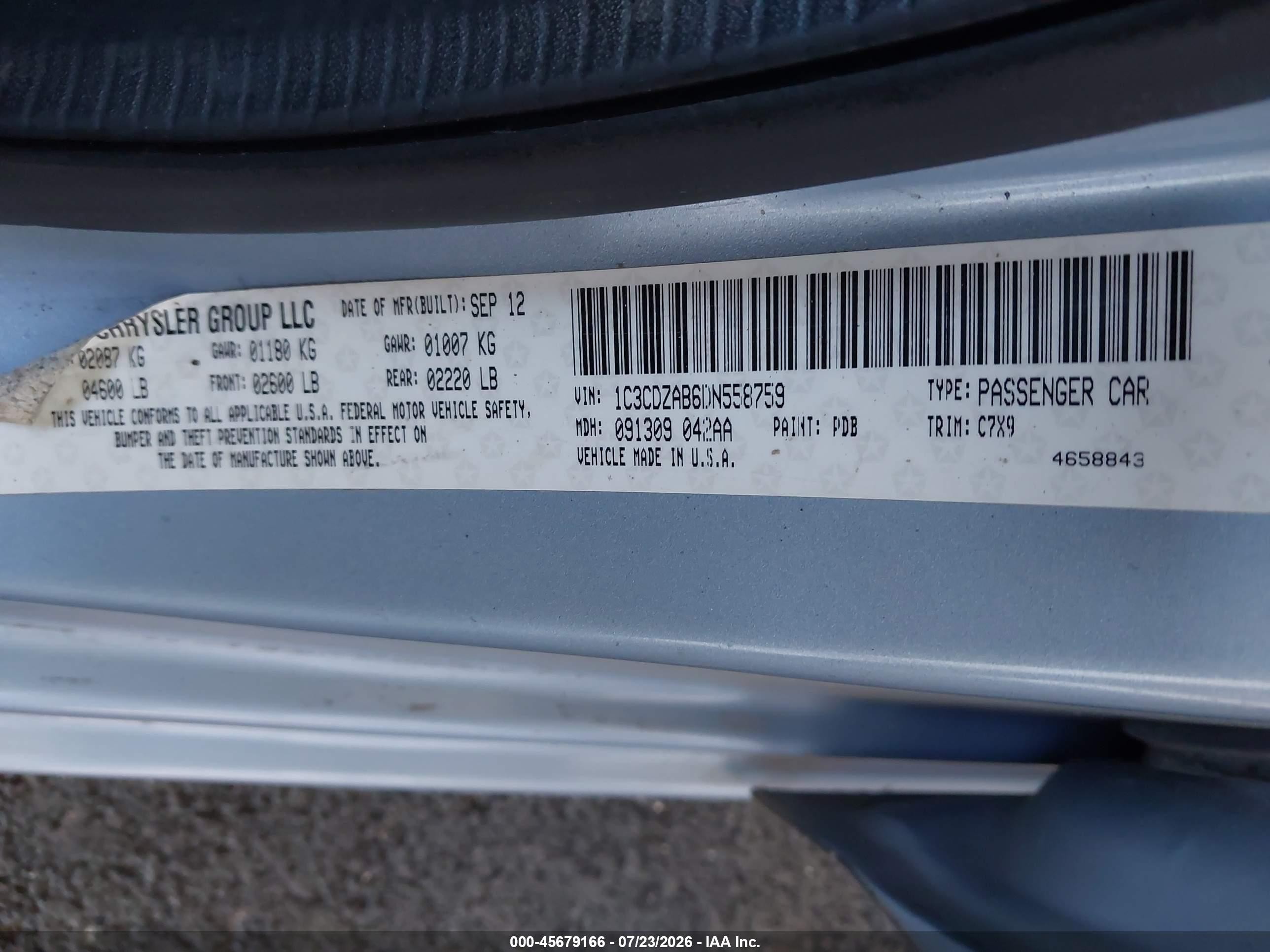 2013 Dodge Avenger Se Light Blue vin: 1C3CDZAB6DN558759