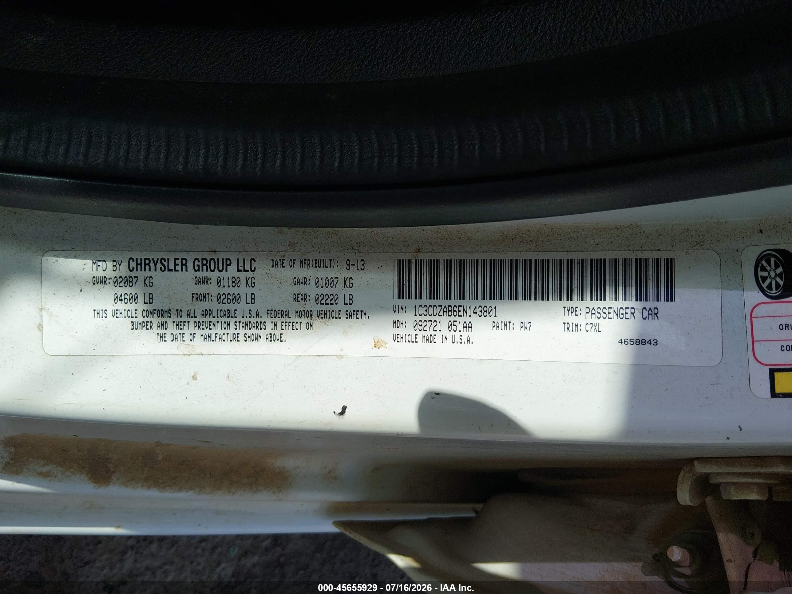 2014 Dodge Avenger Se White vin: 1C3CDZAB6EN143801