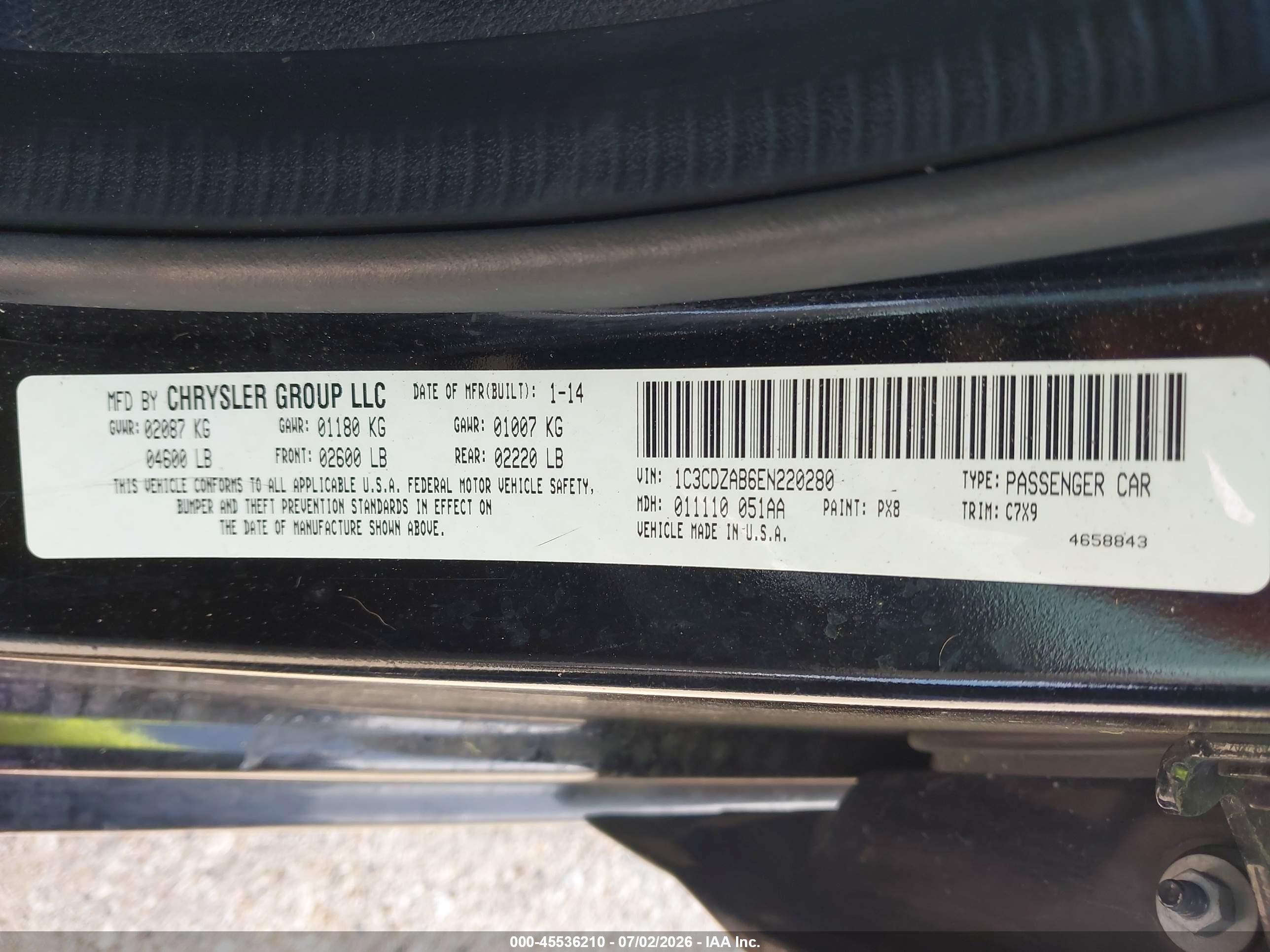 2014 Dodge Avenger Se Black vin: 1C3CDZAB6EN220280