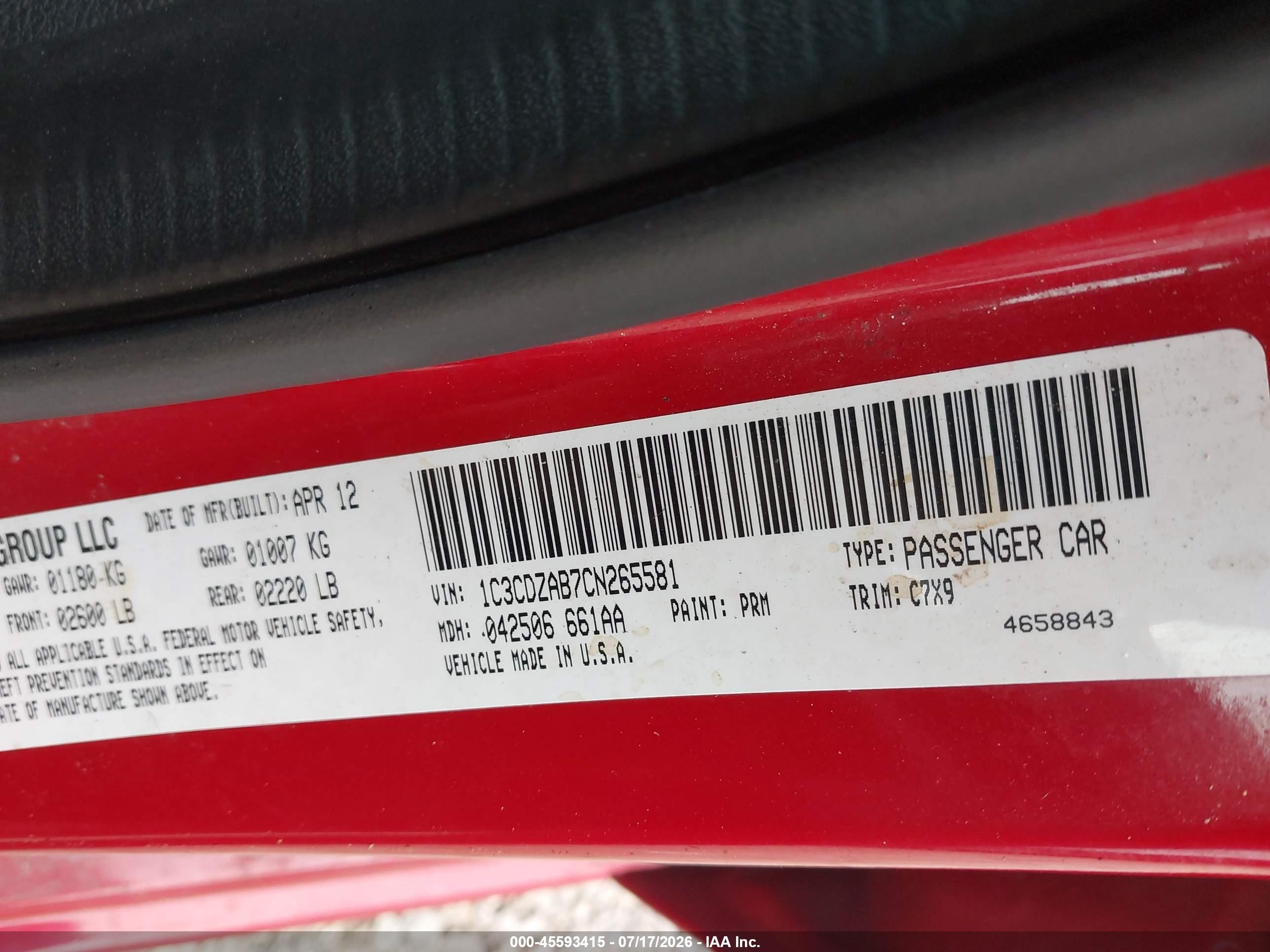 2012 Dodge Avenger Se Red vin: 1C3CDZAB7CN265581