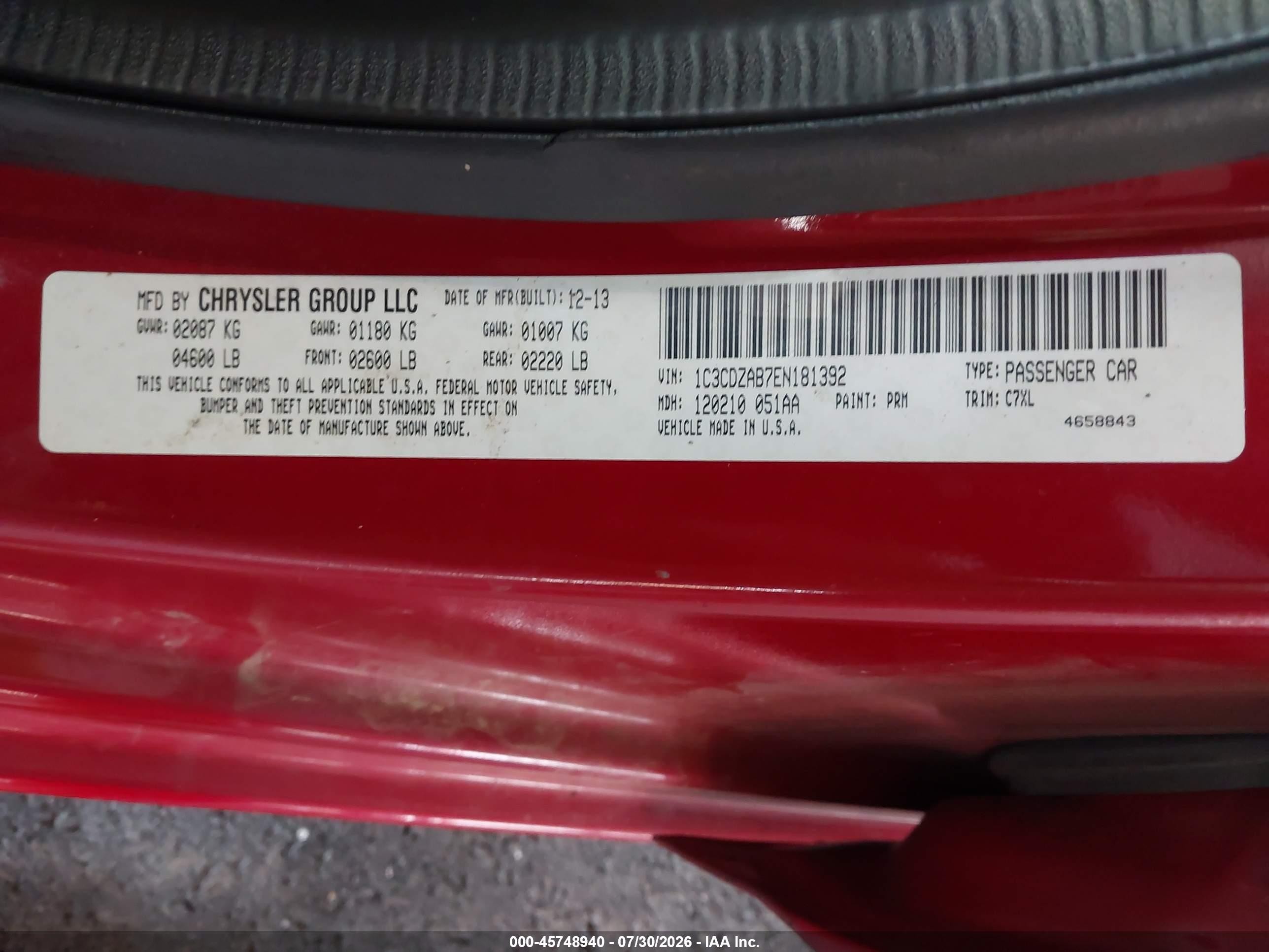 2014 Dodge Avenger Se Red vin: 1C3CDZAB7EN181392
