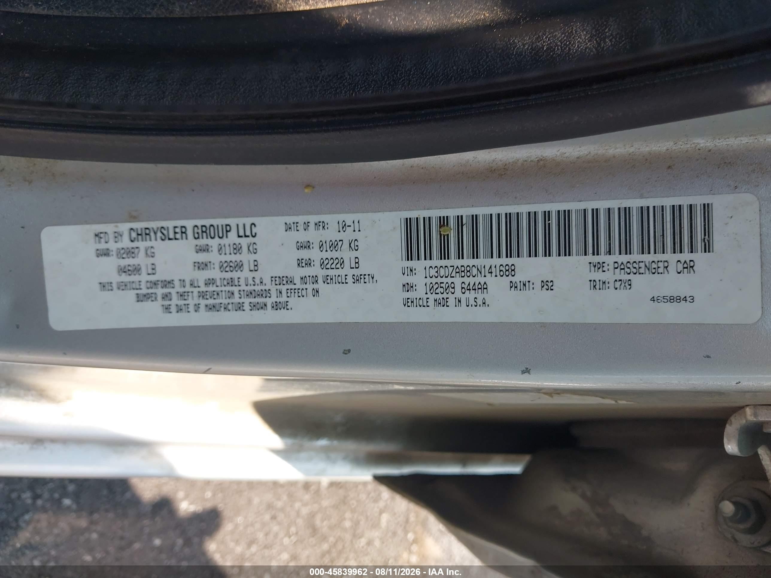 2012 Dodge Avenger Se Silver vin: 1C3CDZAB8CN141688