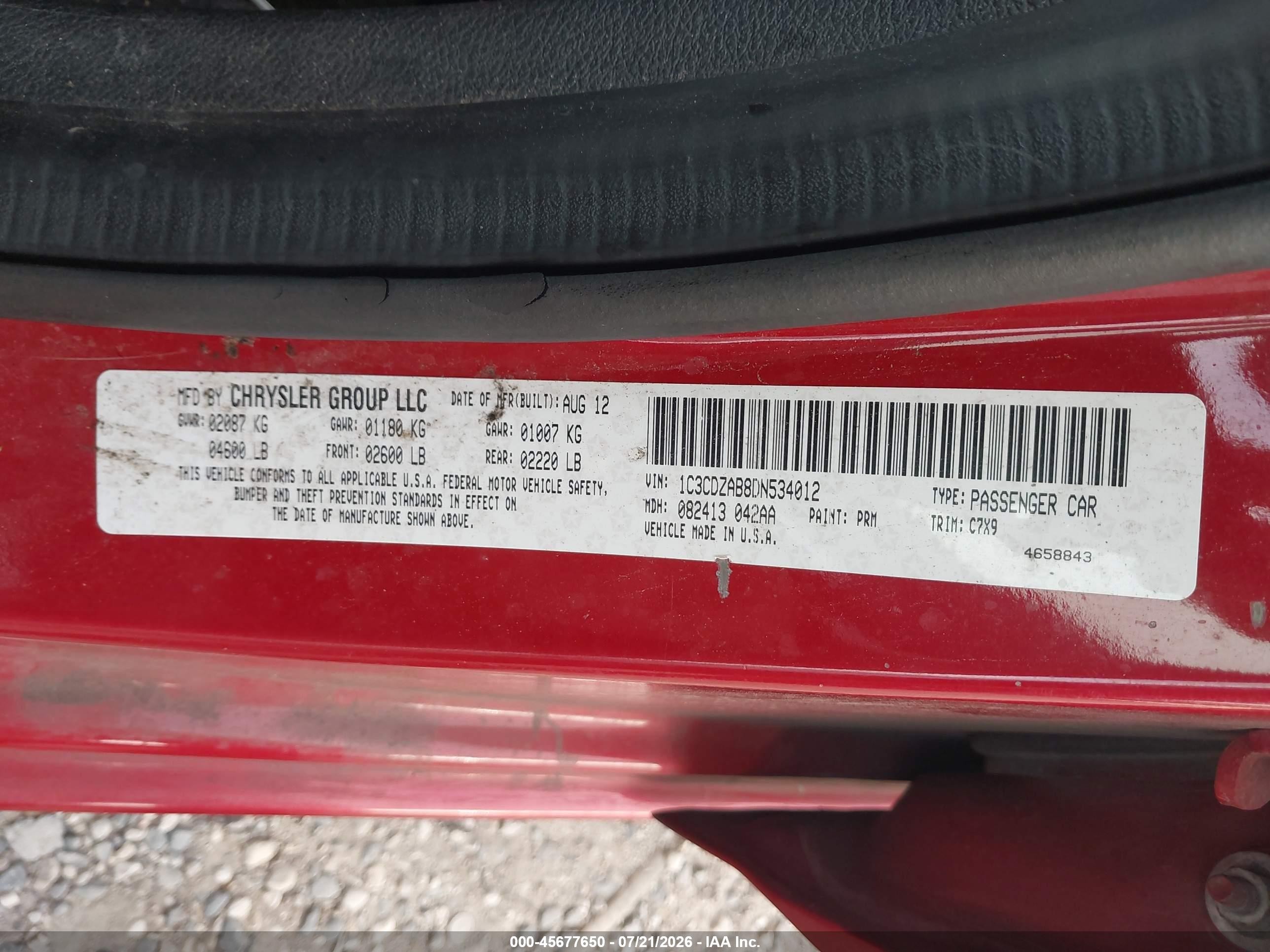 2013 Dodge Avenger Se Red vin: 1C3CDZAB8DN534012