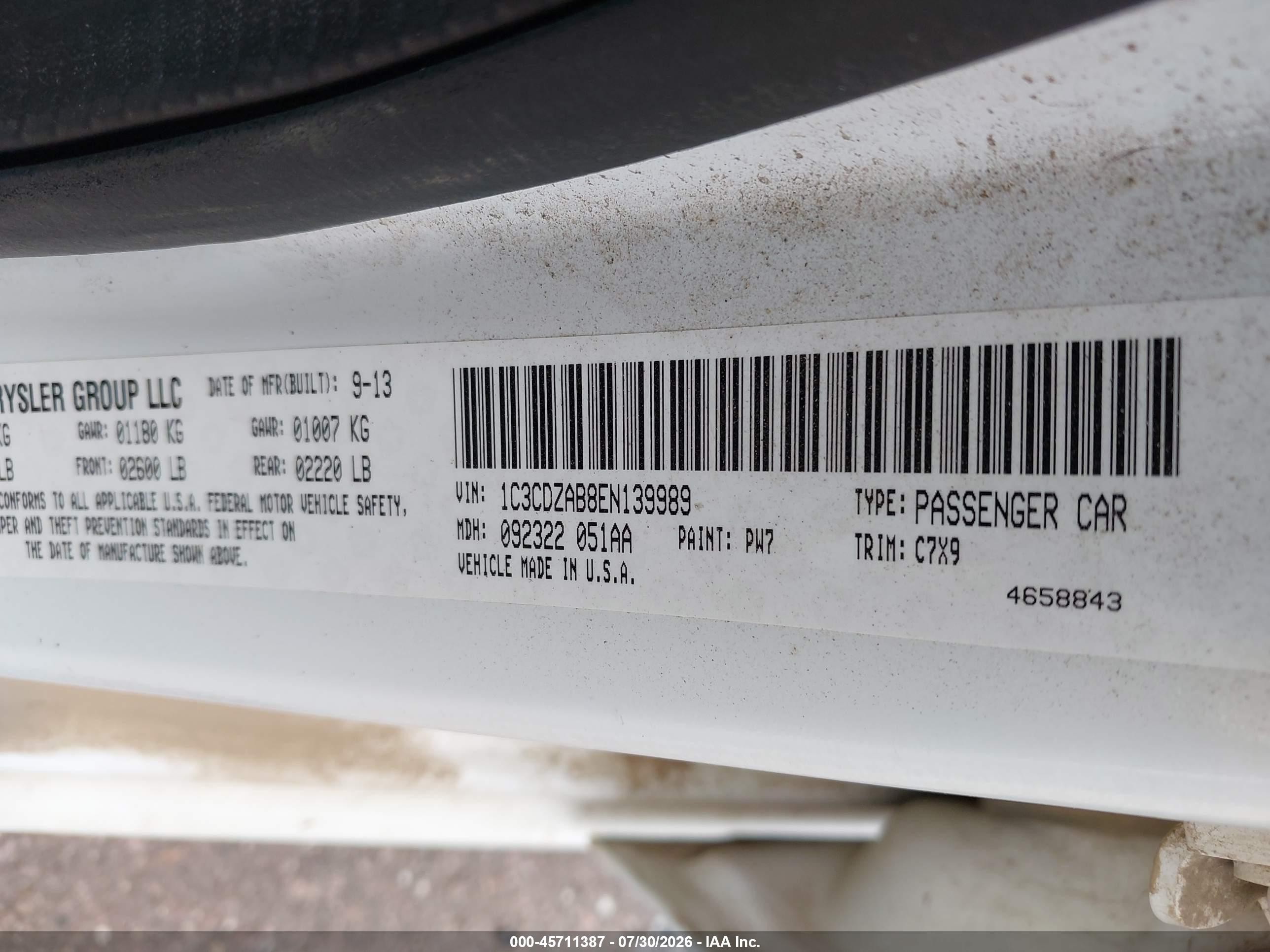 2014 Dodge Avenger Se White vin: 1C3CDZAB8EN139989