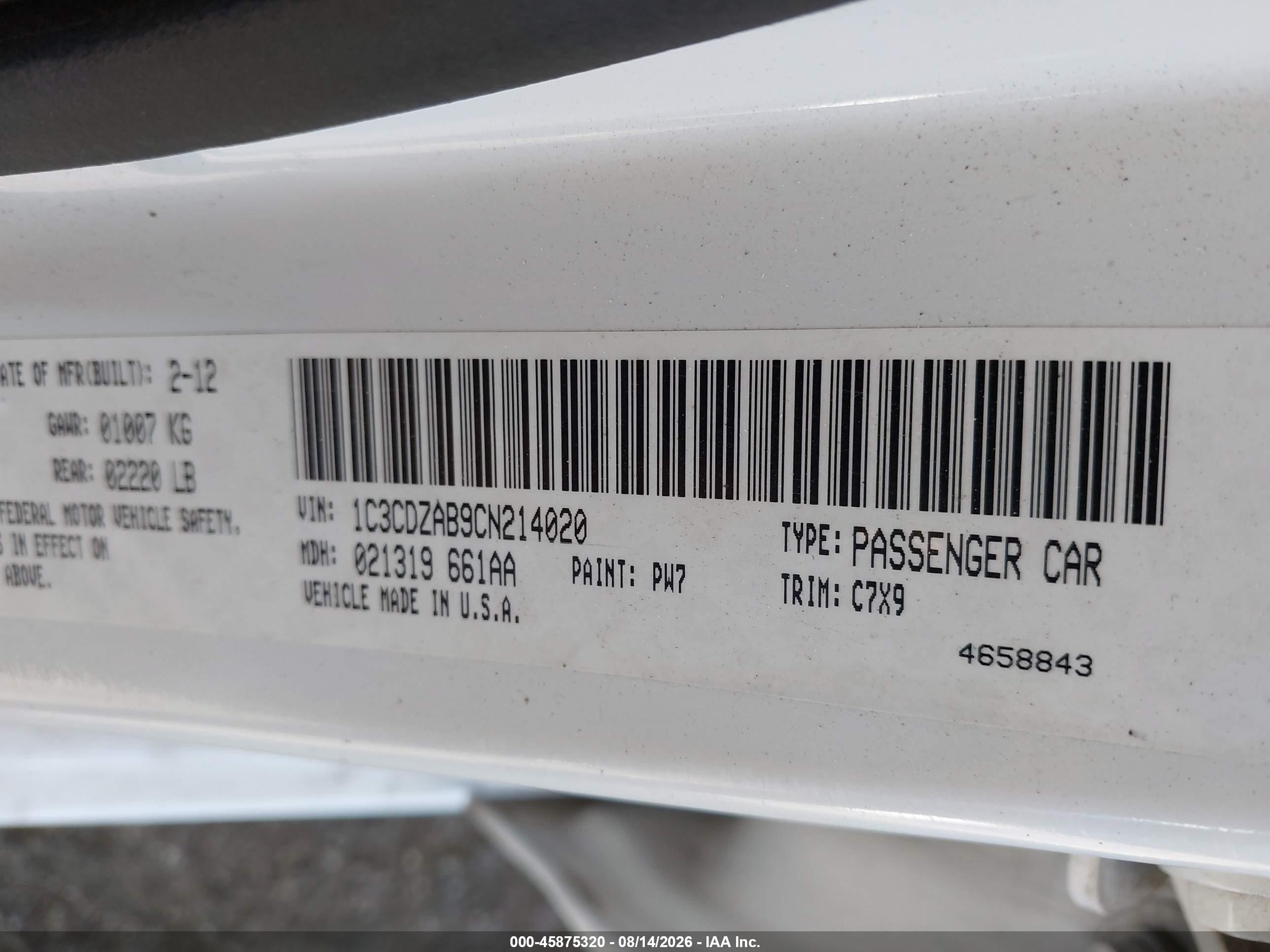 2012 Dodge Avenger Se White vin: 1C3CDZAB9CN214020