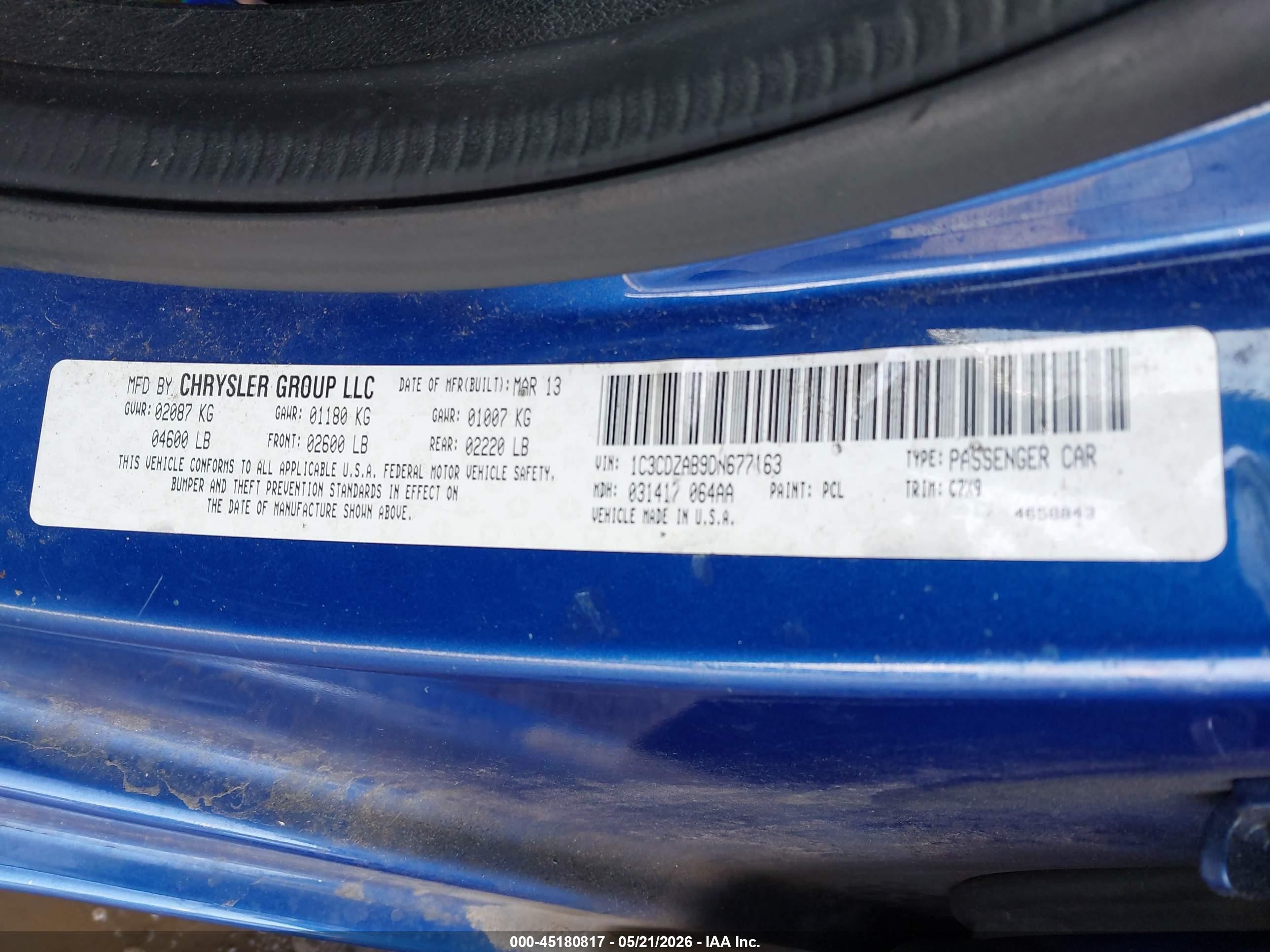 2013 Dodge Avenger Se Blue vin: 1C3CDZAB9DN677163