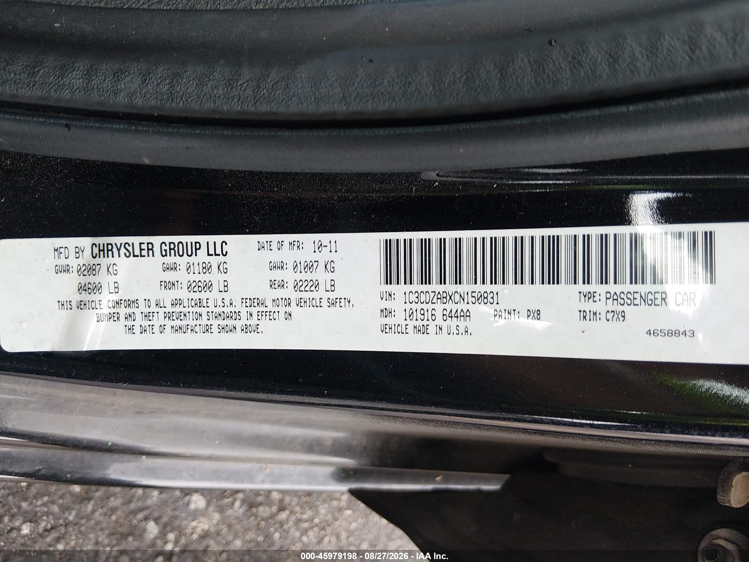 2012 Dodge Avenger Se Black vin: 1C3CDZABXCN150831