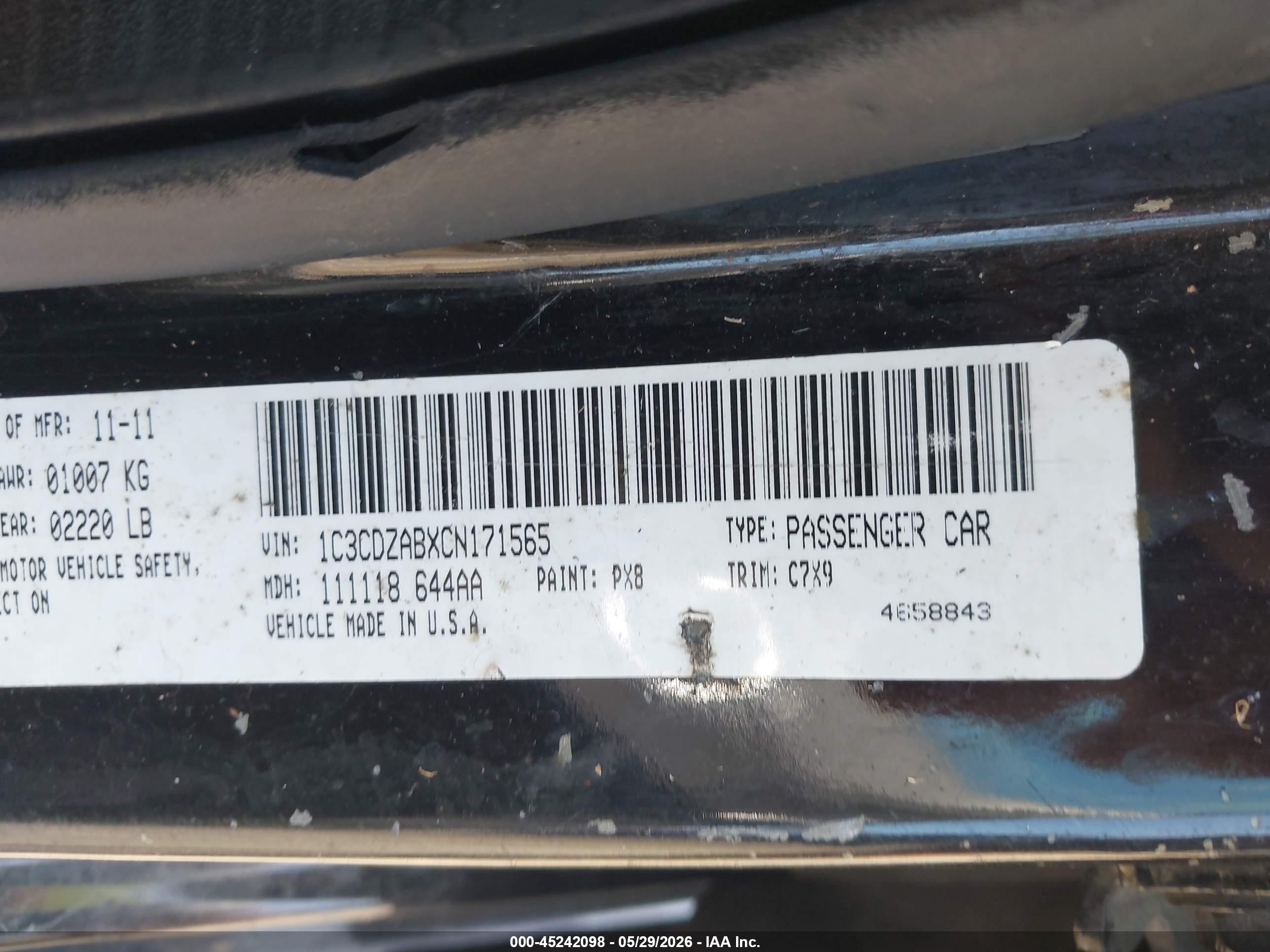 2012 Dodge Avenger Se Black vin: 1C3CDZABXCN171565