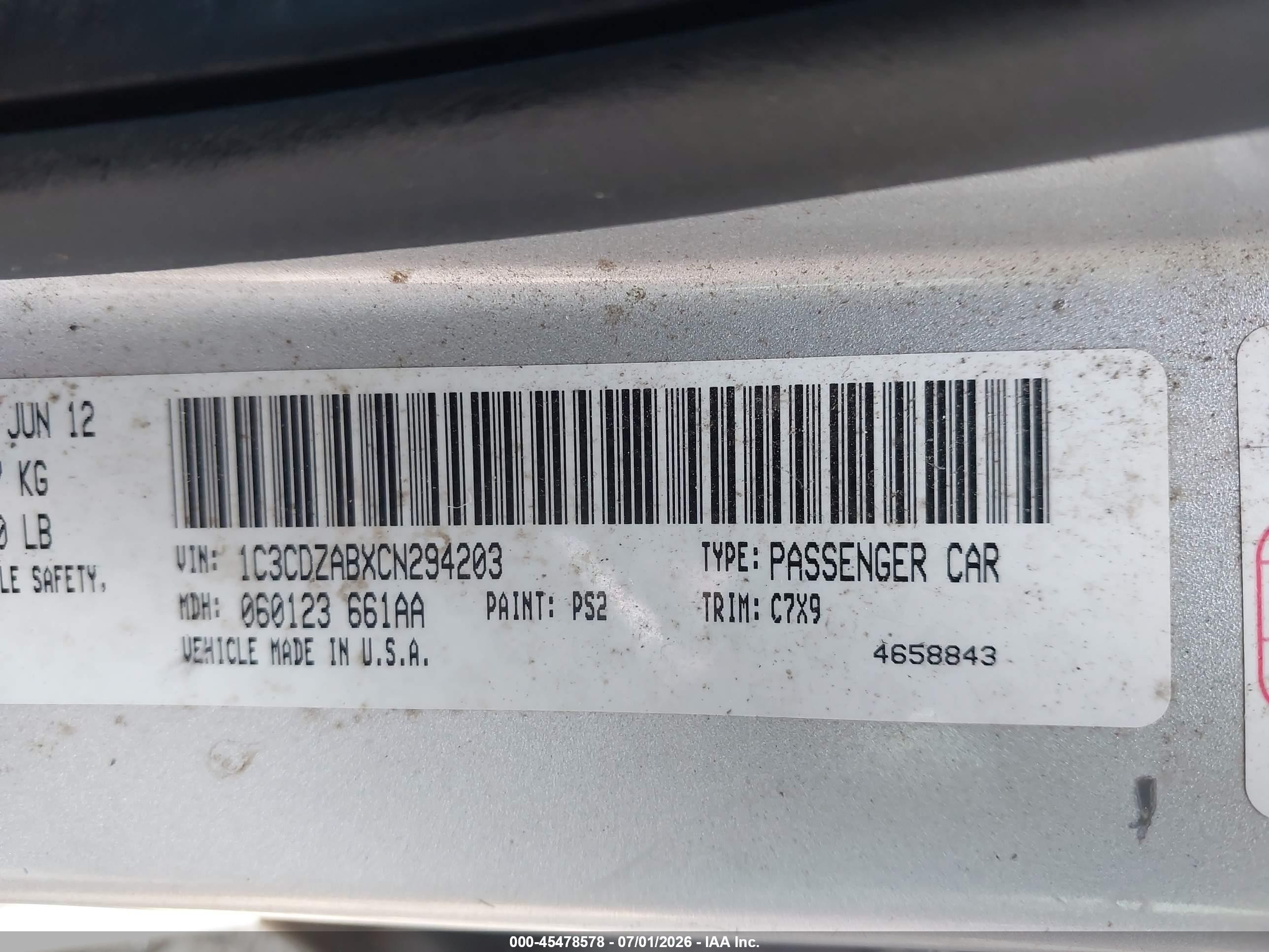 2012 Dodge Avenger Se Silver vin: 1C3CDZABXCN294203