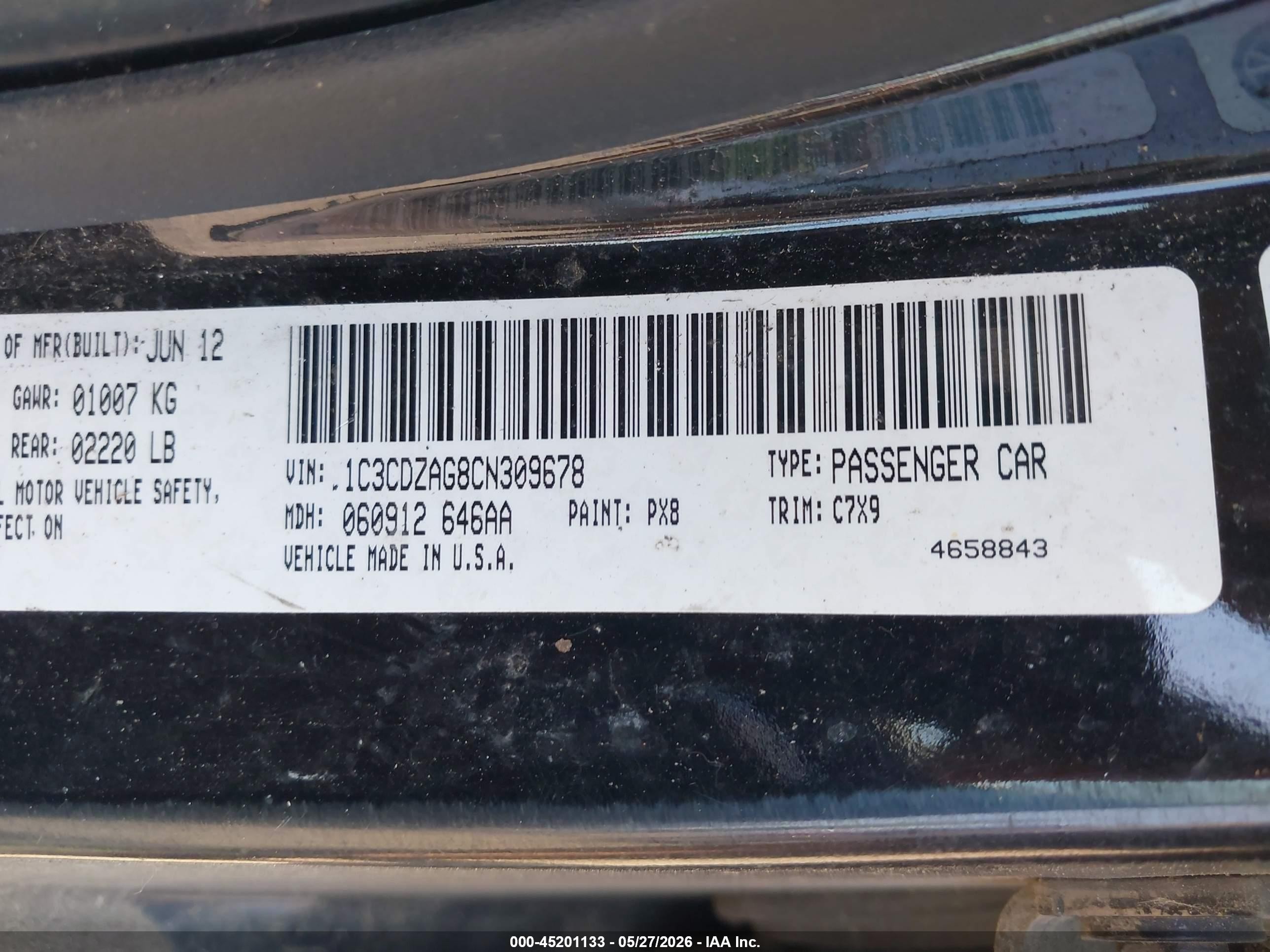 2012 Dodge Avenger Se Black vin: 1C3CDZAG8CN309678