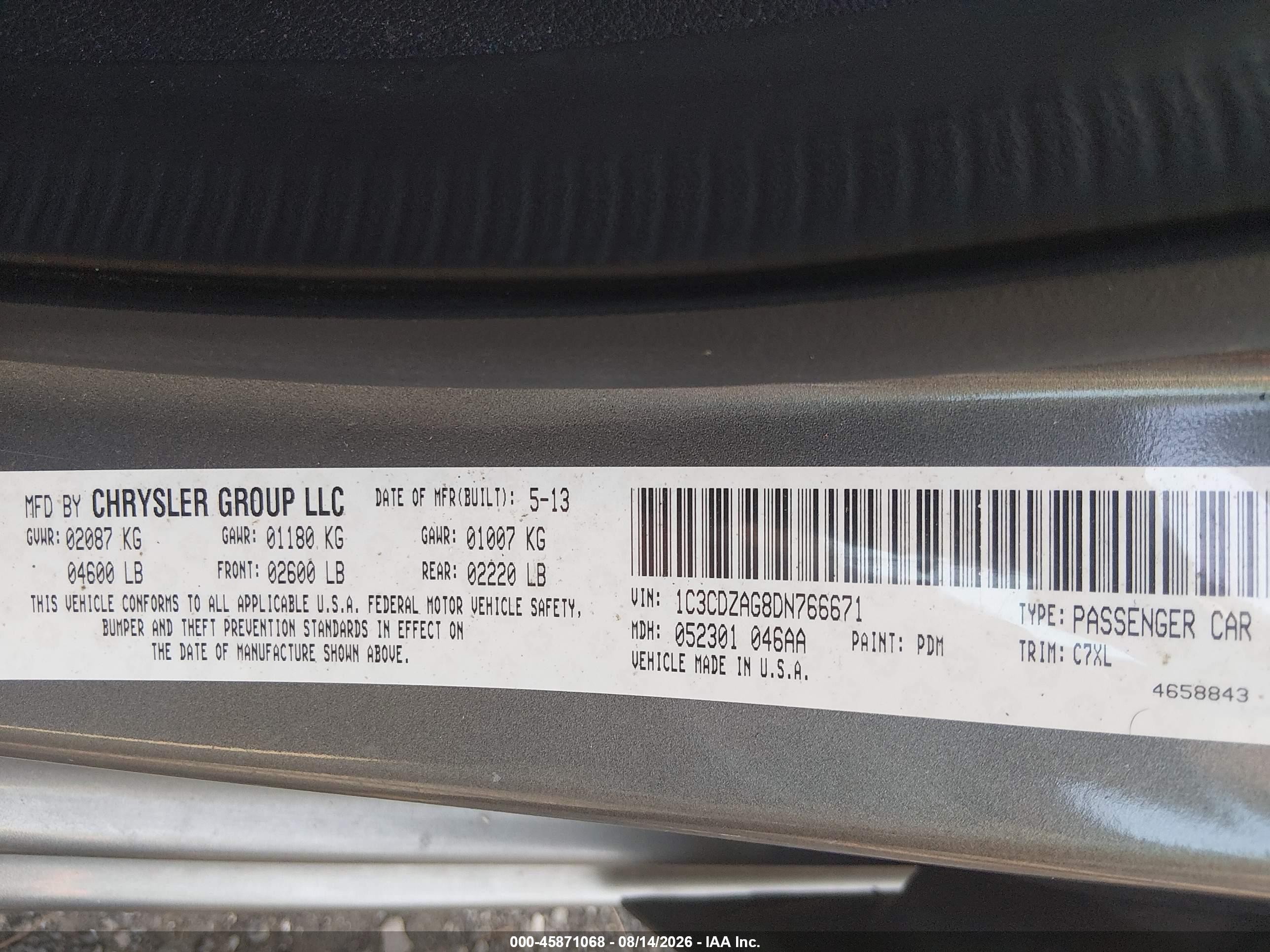 2013 Dodge Avenger Se V6 Gray vin: 1C3CDZAG8DN766671
