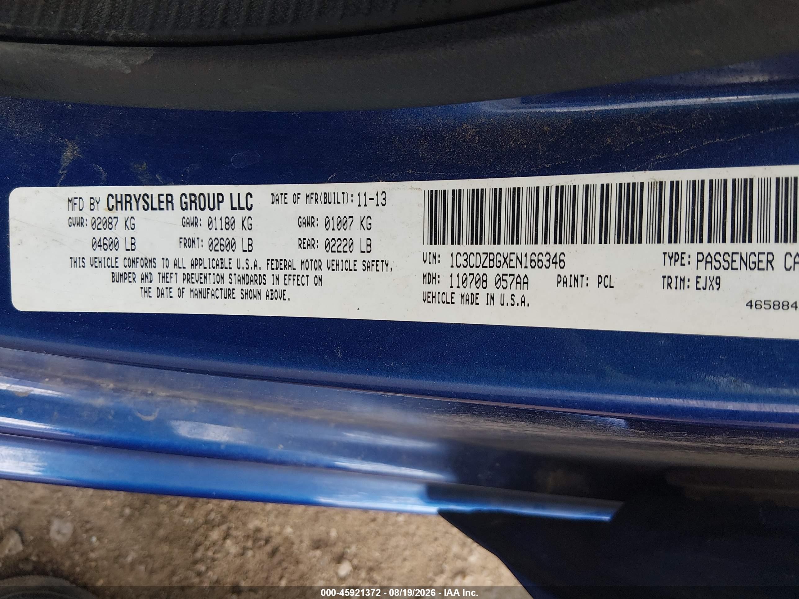 2014 Dodge Avenger R/t Blue vin: 1C3CDZBGXEN166346