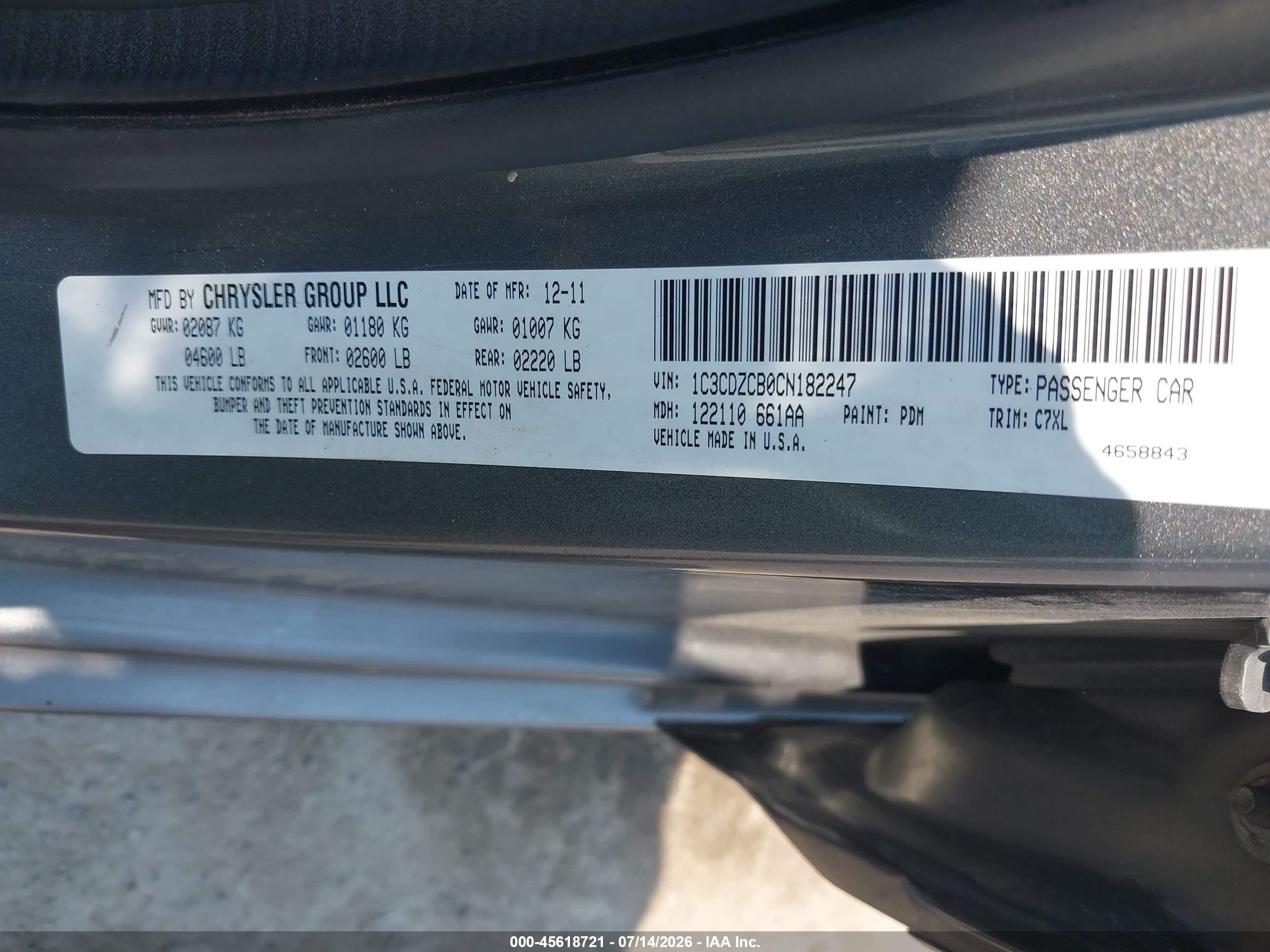 2012 Dodge Avenger Sxt Серый vin: 1C3CDZCB0CN182247