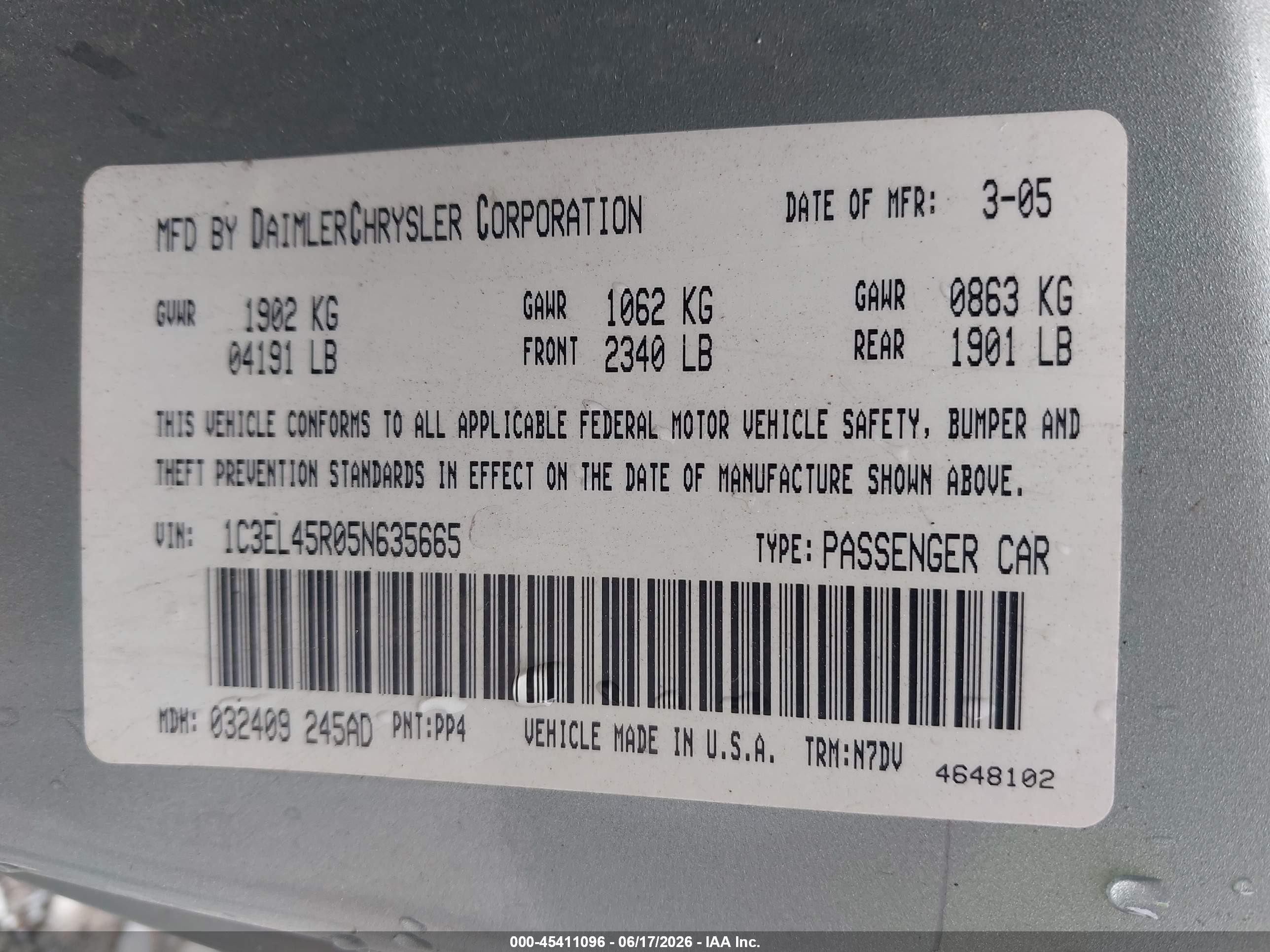 2005 Chrysler Sebring   Зеленый vin: 1C3EL45R05N635665