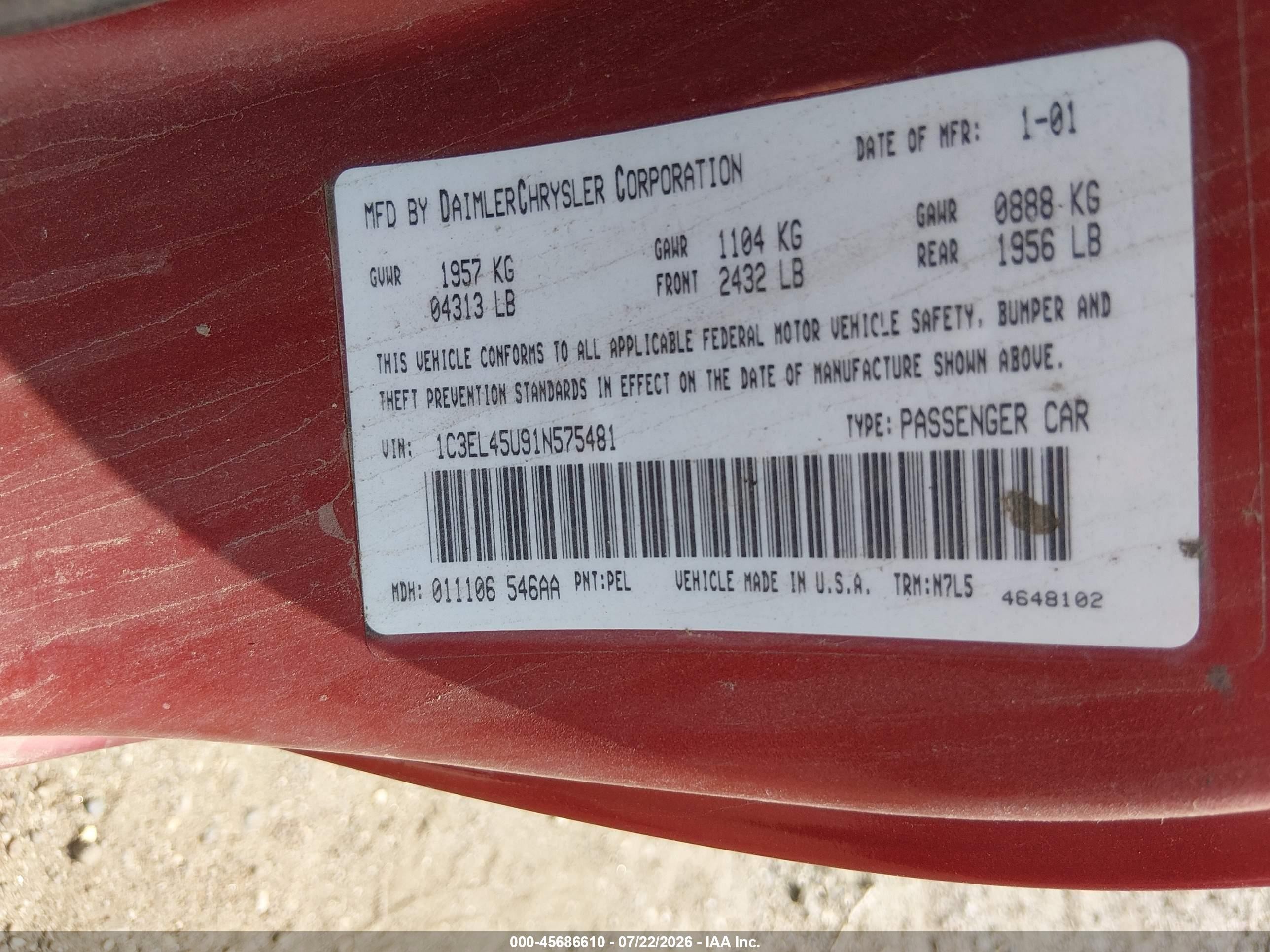 2001 Chrysler Sebring Lx Красный vin: 1C3EL45U91N575481