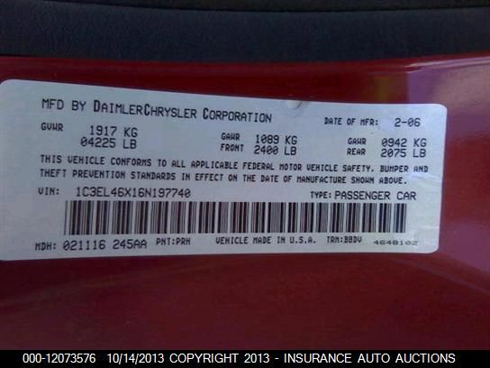 2006 Chrysler Sebring Sedan vin: 1C3EL46X16N197740