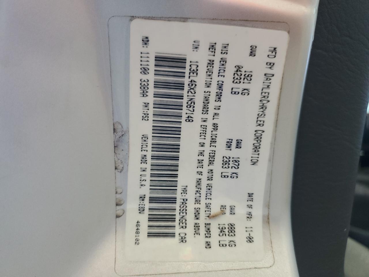 2001 Chrysler Sebring Lx Silver vin: 1C3EL46X21N567148