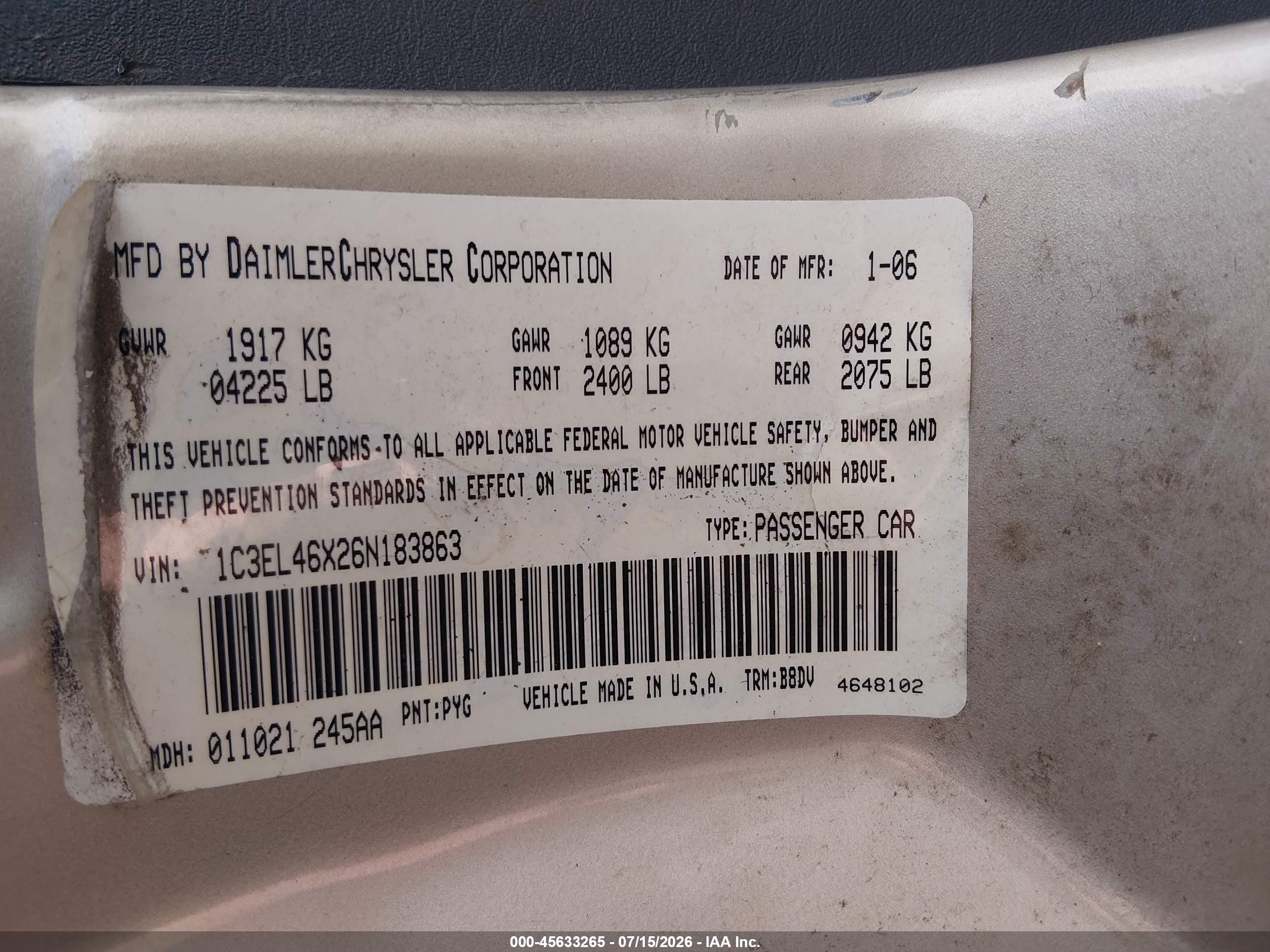 2006 Chrysler Sebring   Золотой vin: 1C3EL46X26N183863
