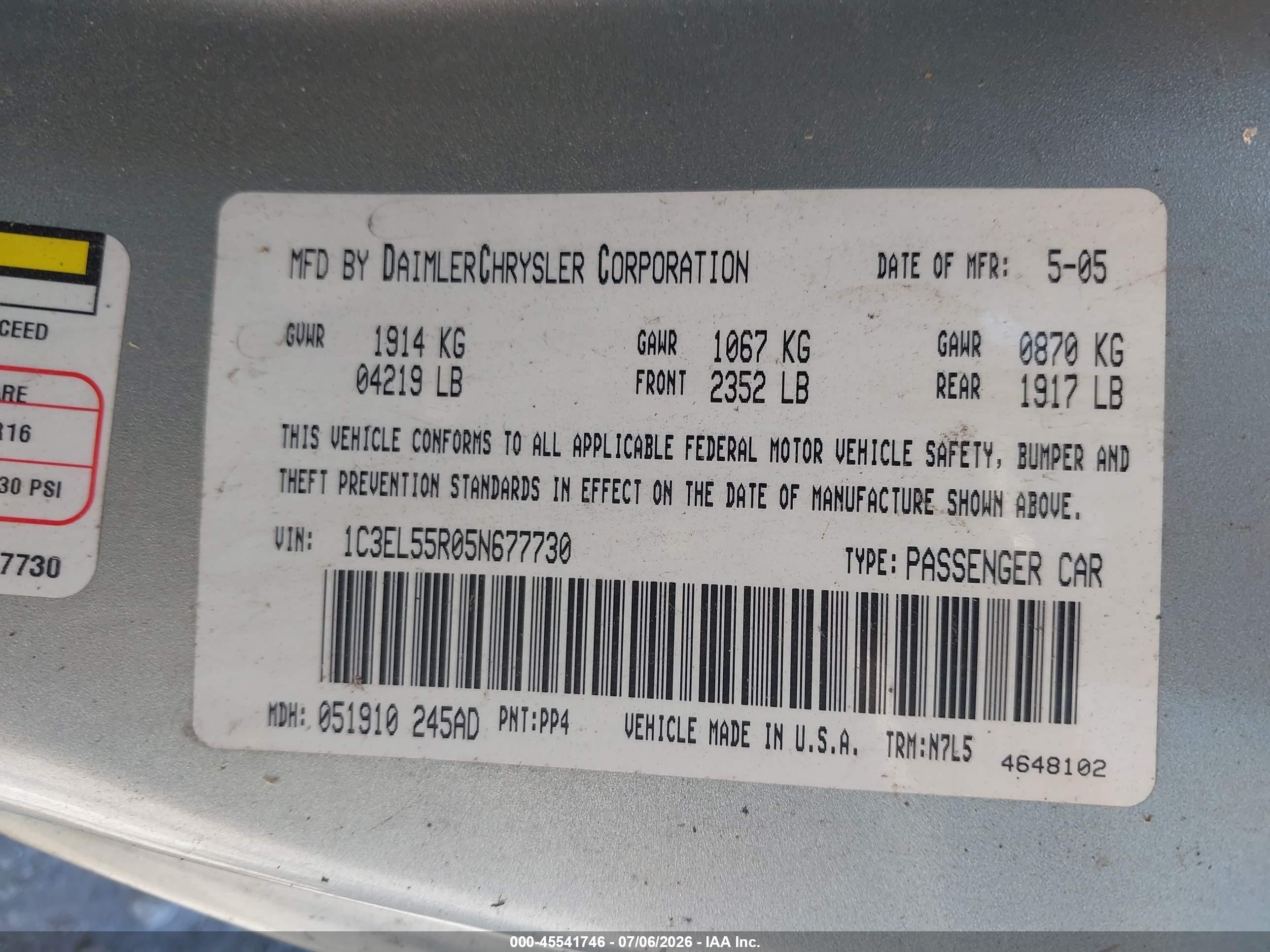 2005 Chrysler Sebring Touring Turquoise vin: 1C3EL55R05N677730