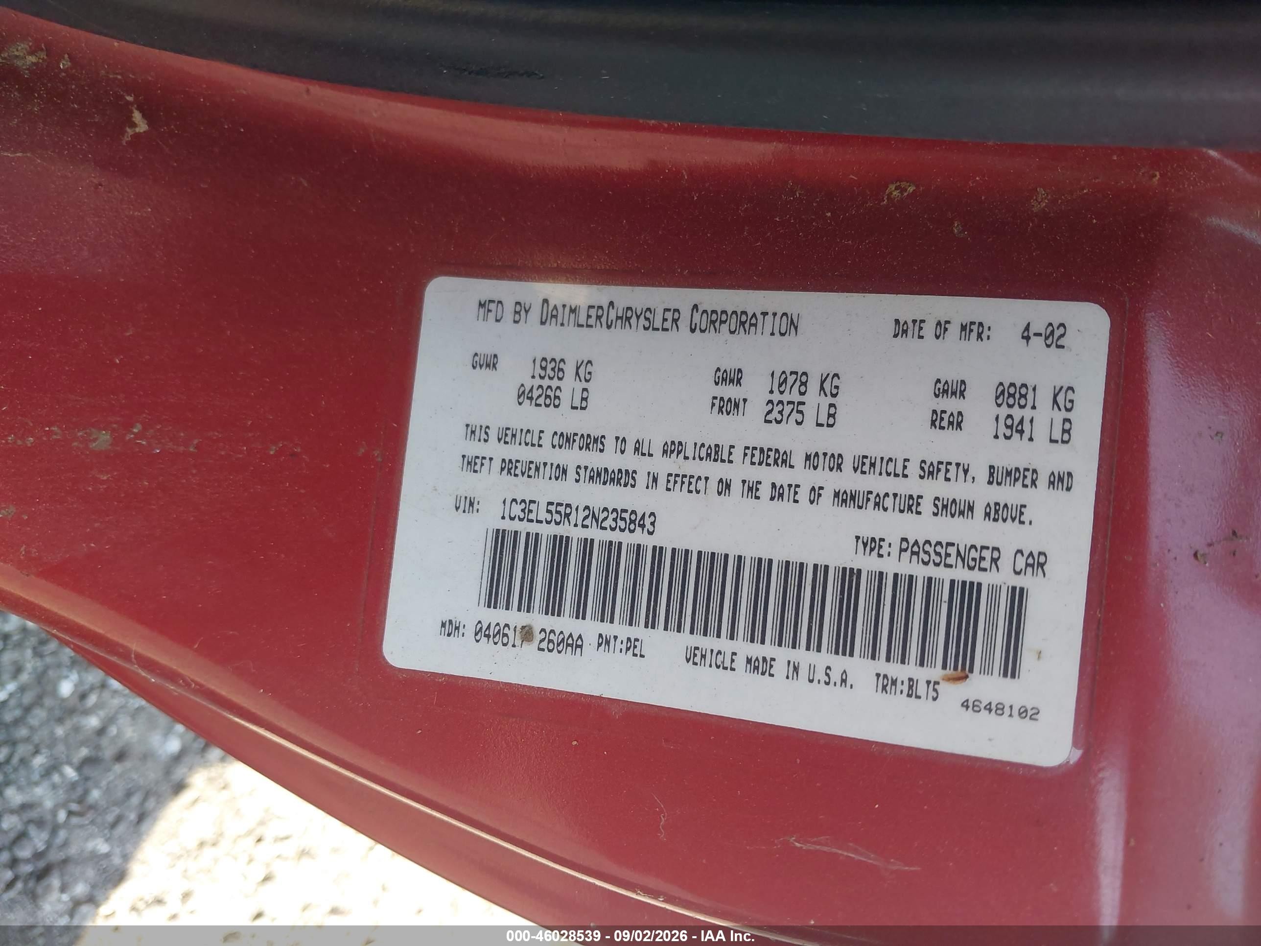 2002 Chrysler Sebring Lxi Красный vin: 1C3EL55R12N235843