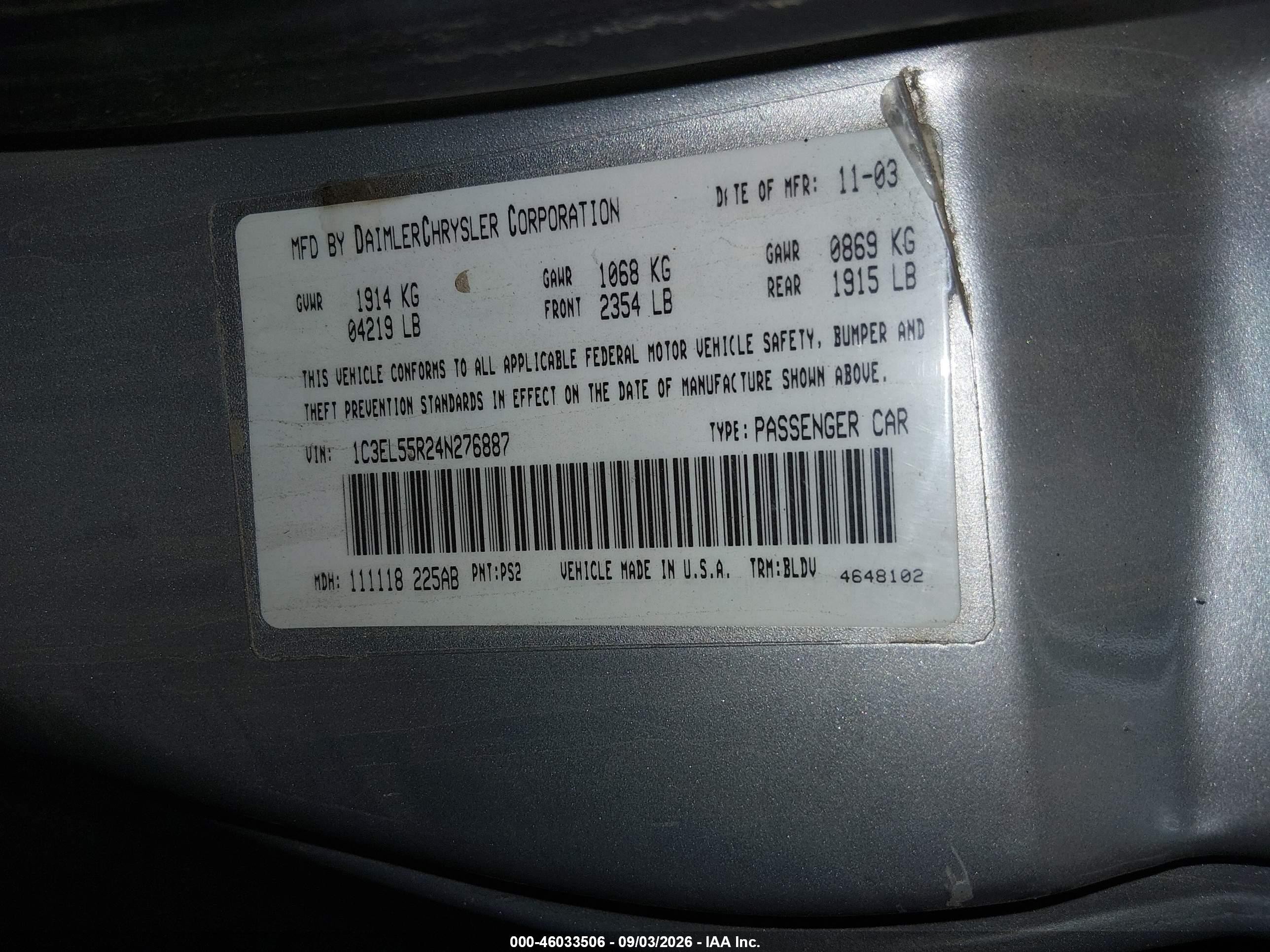 2004 Chrysler Sebring Lxi Silver vin: 1C3EL55R24N276887