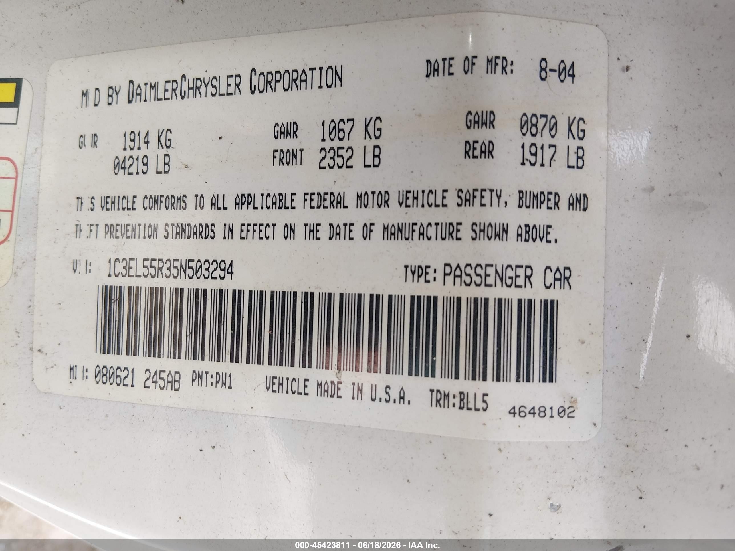 2005 Chrysler Sebring Touring White vin: 1C3EL55R35N503294