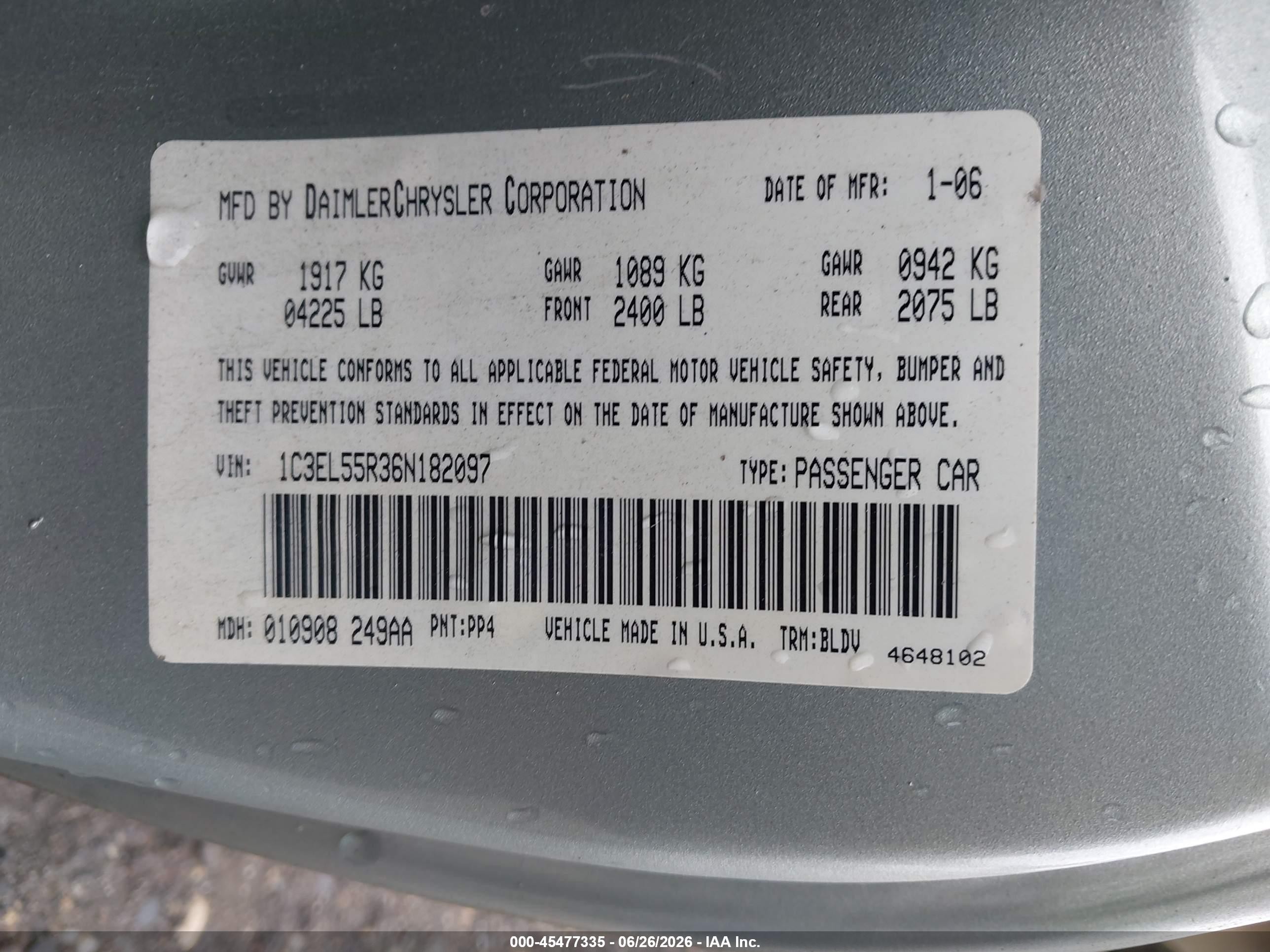 2006 Chrysler Sebring Touring Gray vin: 1C3EL55R36N182097
