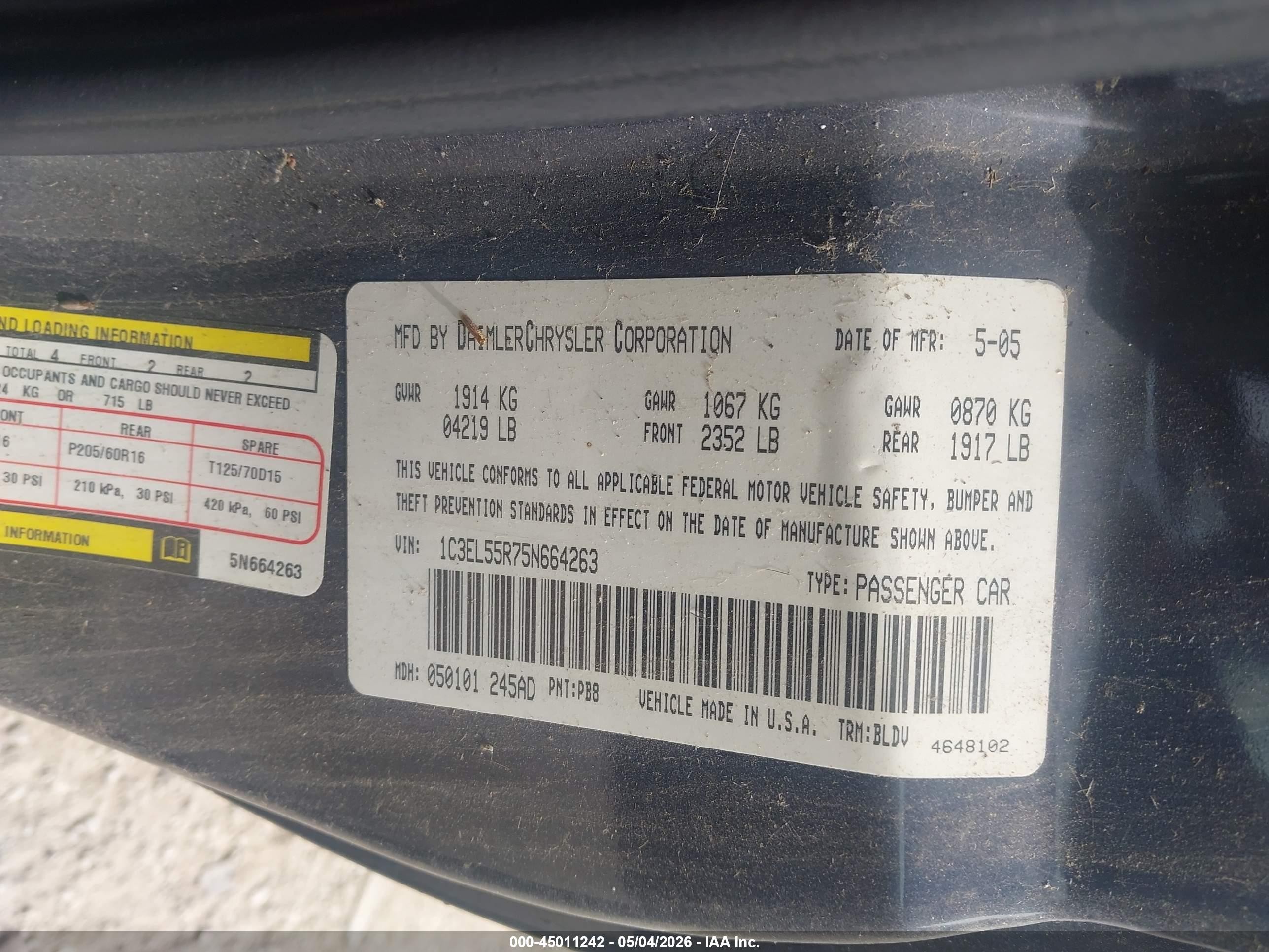 2005 Chrysler Sebring Touring Синий vin: 1C3EL55R75N664263