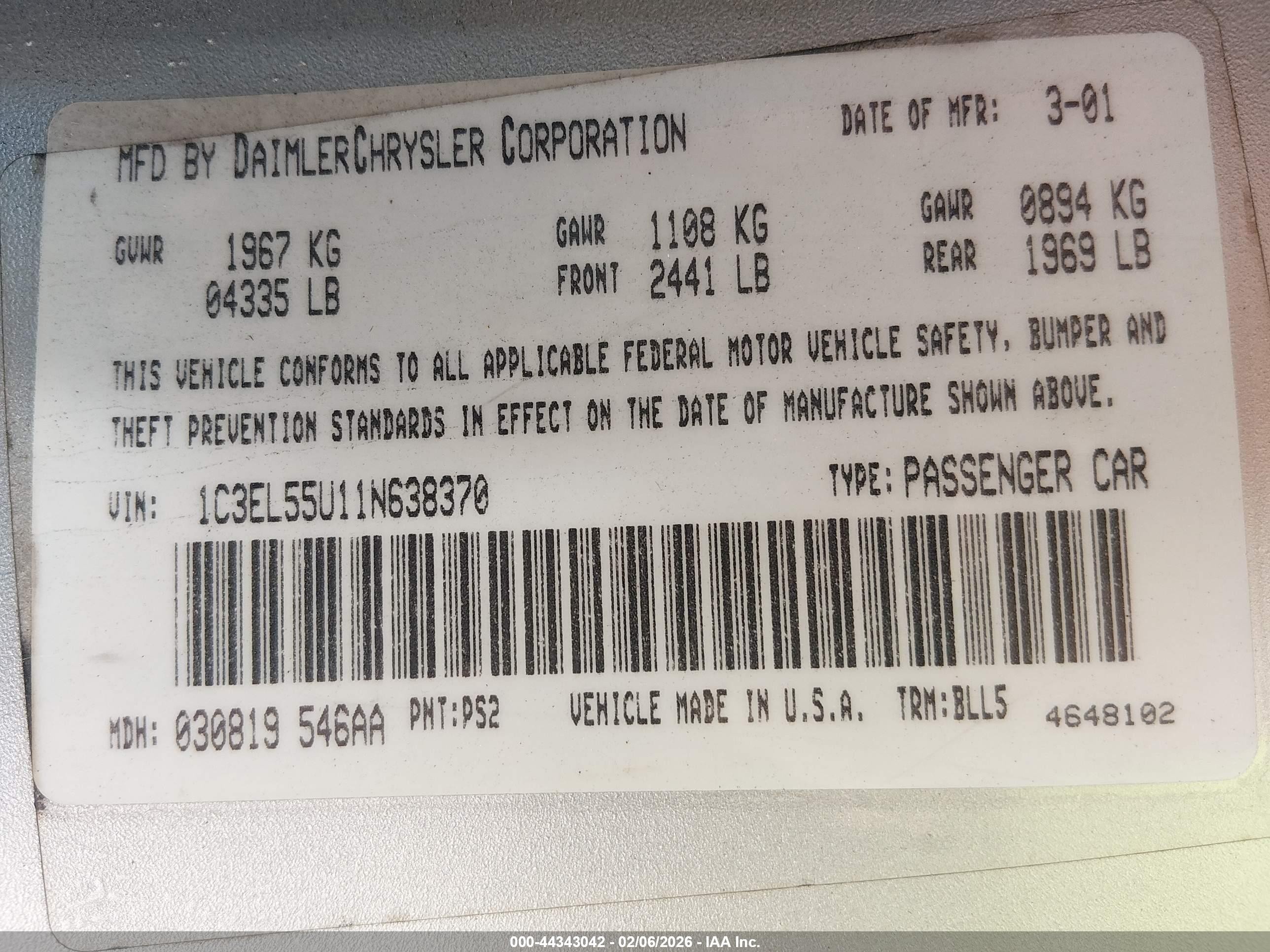 2001 Chrysler Sebring Lxi Silver vin: 1C3EL55U11N638370