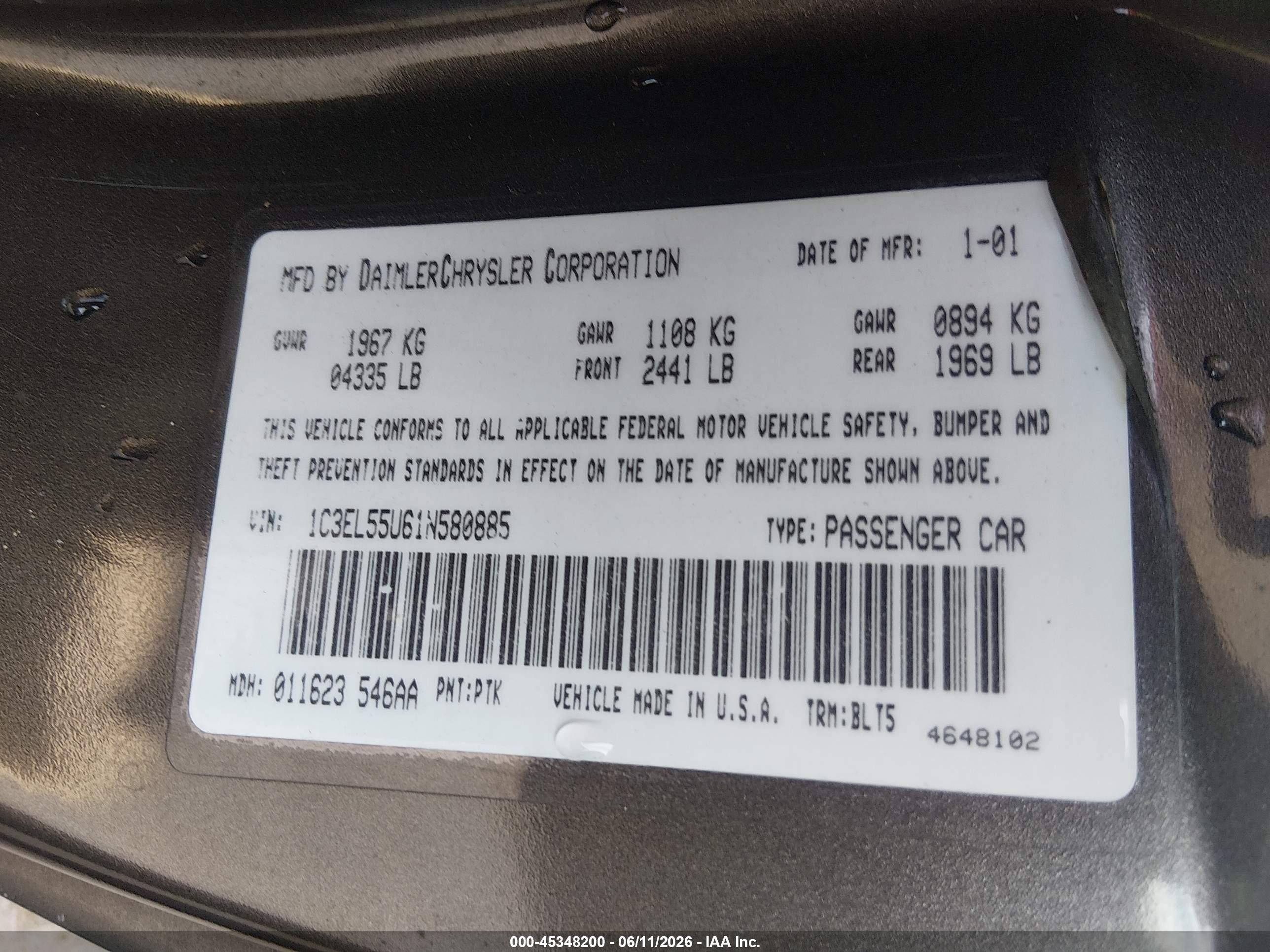 2001 Chrysler Sebring Lxi Gray vin: 1C3EL55U61N580885